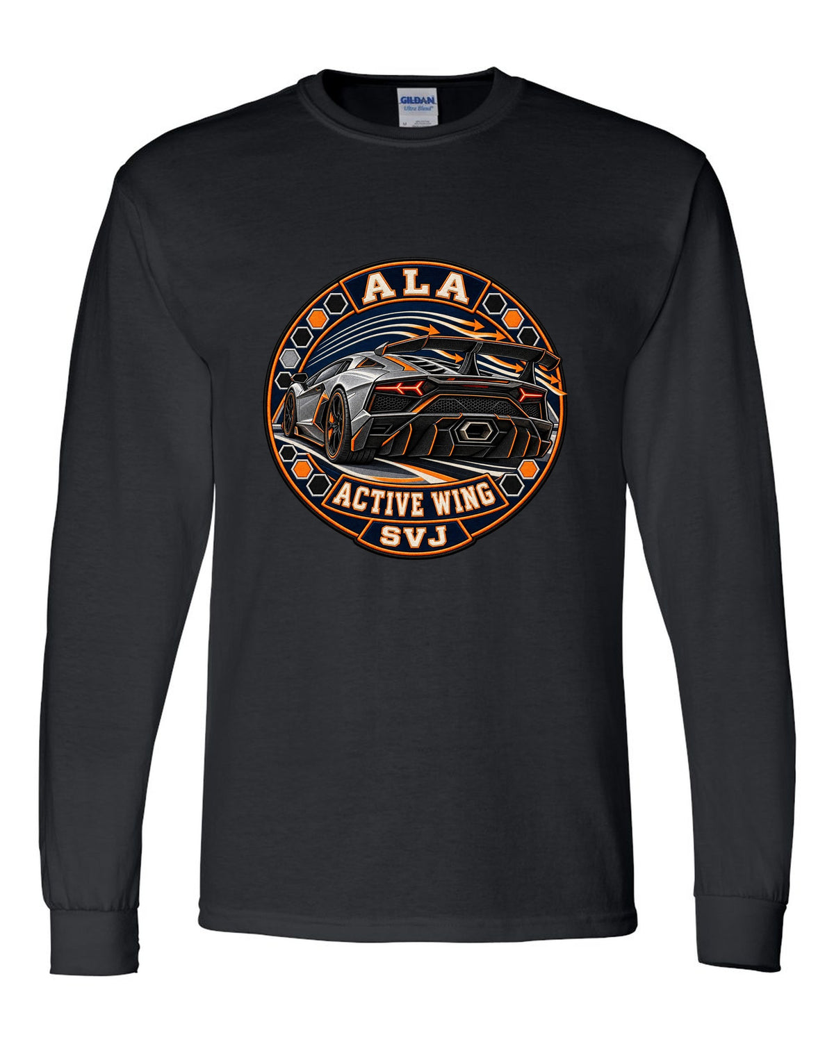 Embroidery-style round crest of a Lamborghini Aventador SVJ LP770-4 with text ALA / ACTIVE WING / SVJ black long sleeve front view with the design