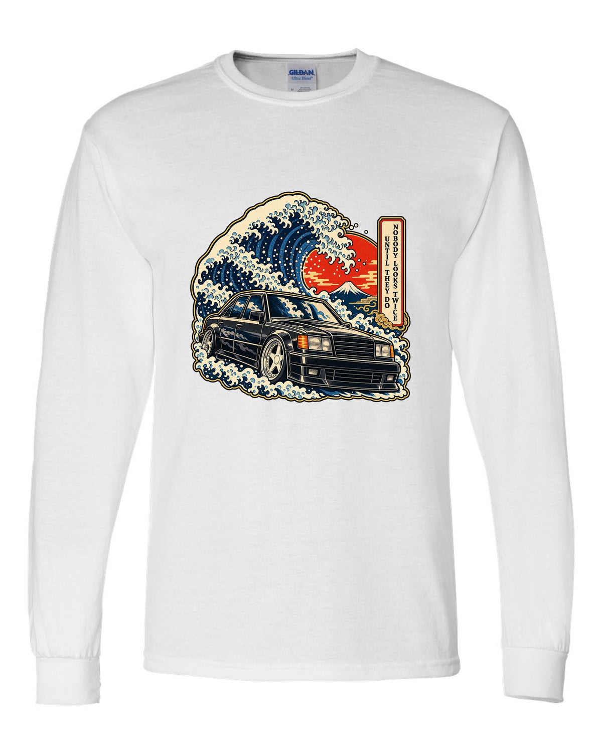 Ukiyo-e woodblock wave over a Mercedes 300E Hammer W124 with caption text white long sleeve front view with the design