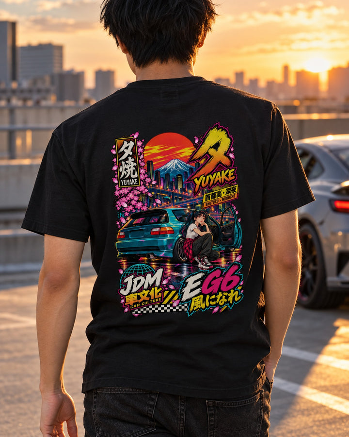 YUYAKE EG6 Anime Girl Full-Back Graphic Tee T-Shirt Black worn hero