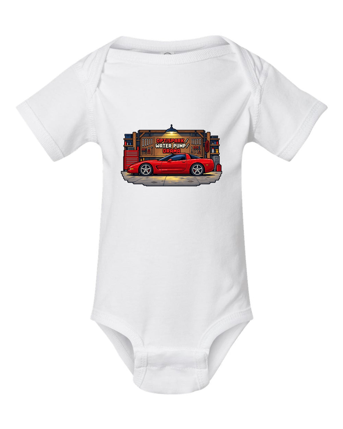 Pixel art print of a 1997 Chevrolet Corvette C5 coupe with Optispark Water Pump Drama text white baby onesie front view with the design