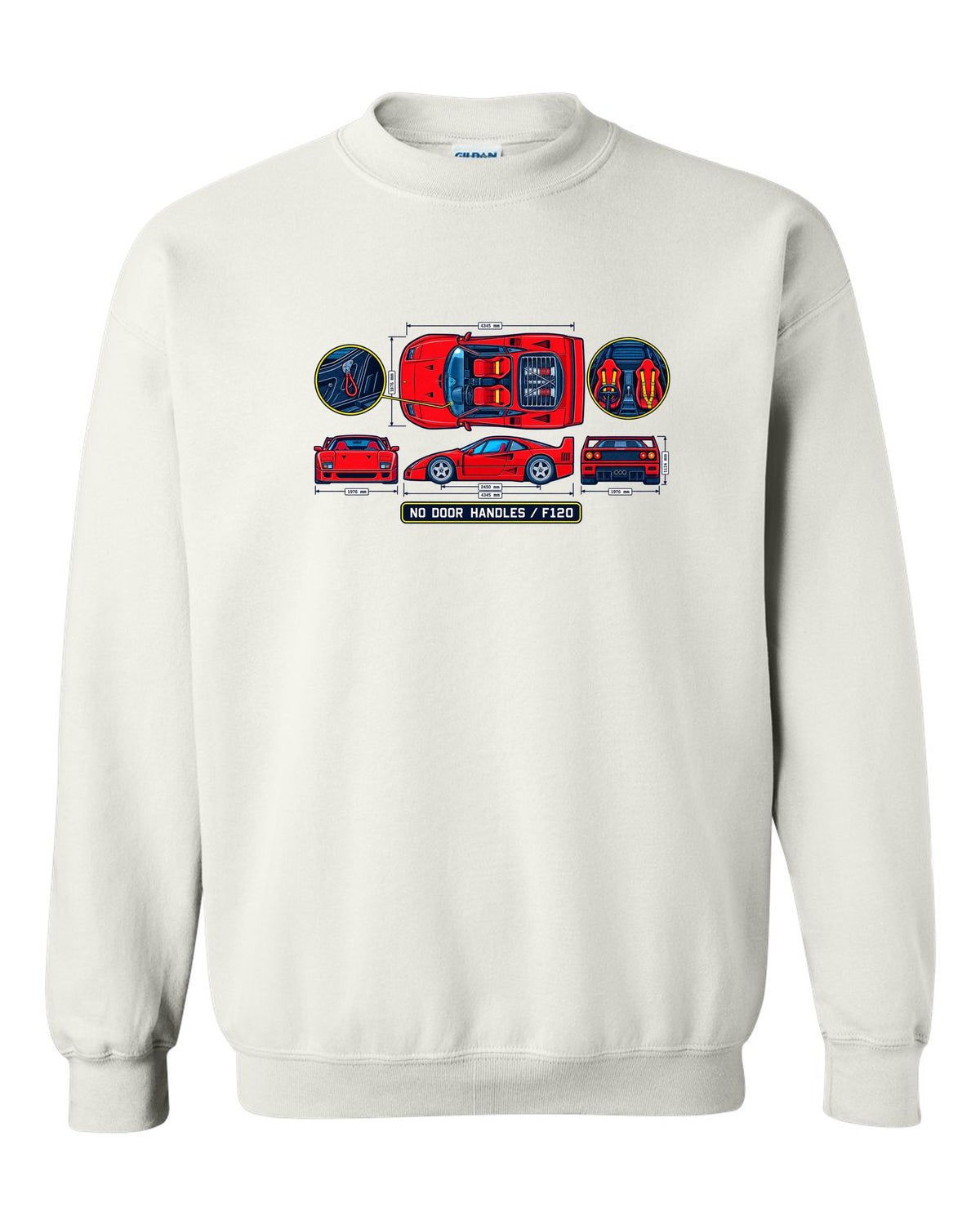 Technical blueprint print of a 1987 Ferrari F40 F120 cabin with no door handles text white crewneck front view with the design