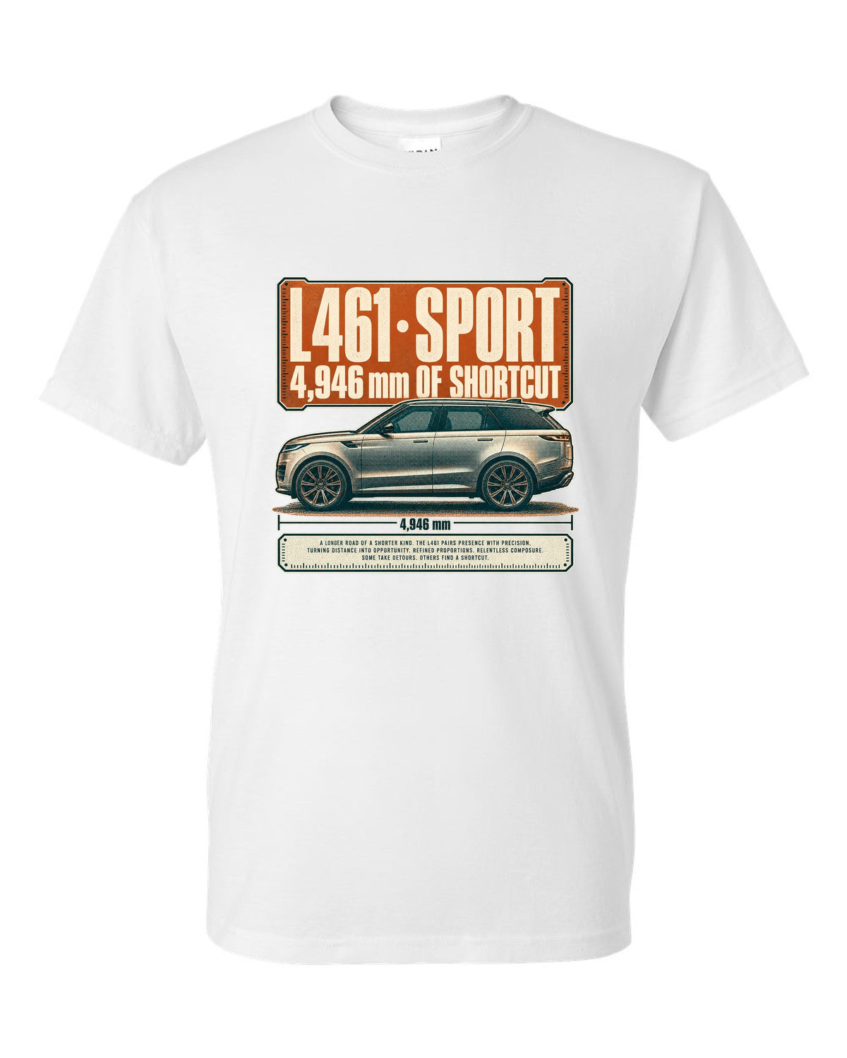 Halftone statement print of the Range Rover Sport L461 with length lettering white t-shirt front view with the design