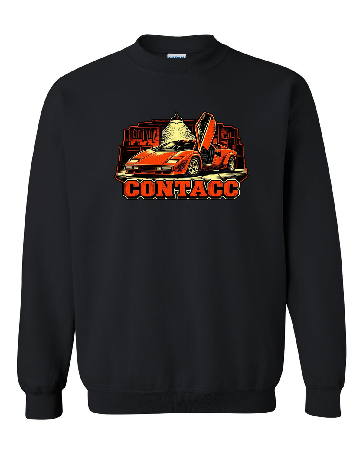 Linocut woodcut print of a 1974 Lamborghini Countach LP400 in a garage under one bulb black crewneck front view with the design