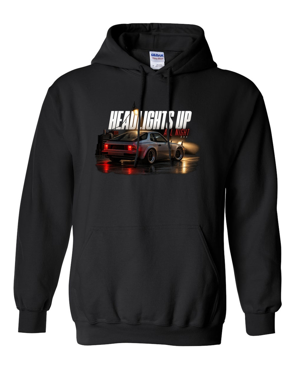 Garage night print of an early Porsche 944 with pop-up headlights raised black pull over hoodie front view with the design