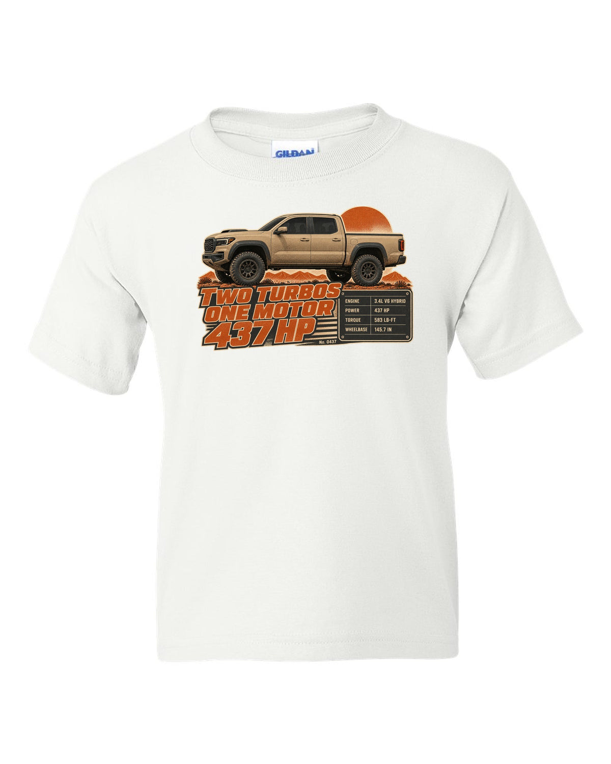 Toyota Tundra TRD Pro i-FORCE MAX hybrid spec poster design white kids tee front view with the design