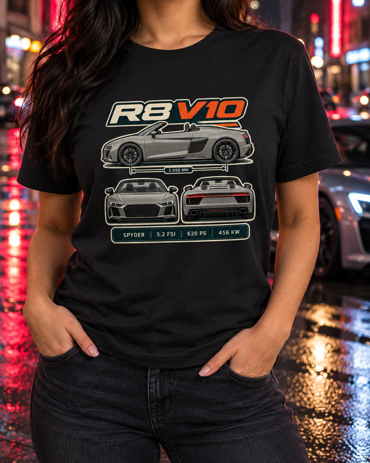 Audi R8 Spyder V10 Performance Three-View Spec Table Shirt T-Shirt Black worn hero