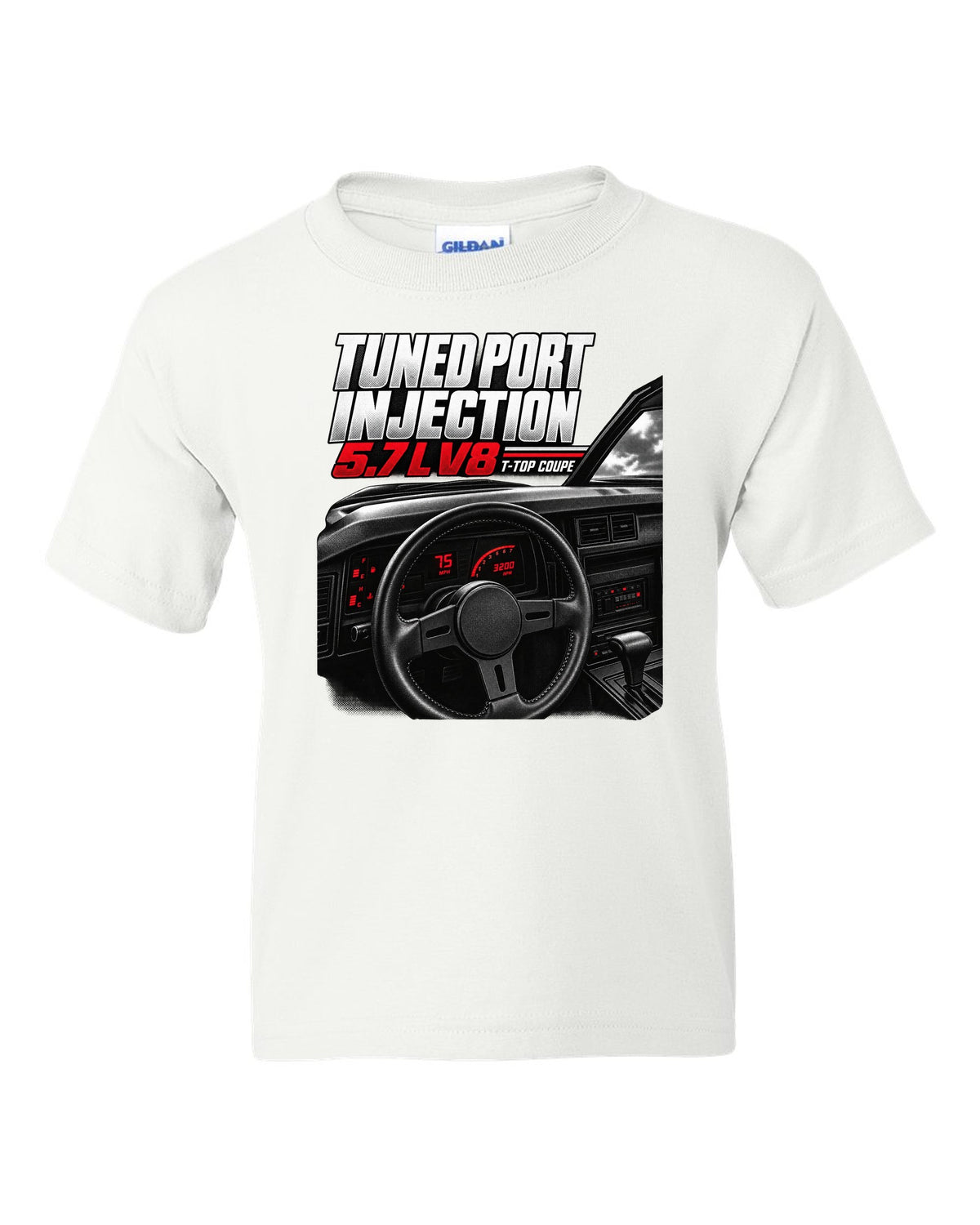 Cockpit and gauge cluster print of a 1988 Chevrolet Camaro IROC-Z with 5.7 L V8 text white kids tee front view with the design