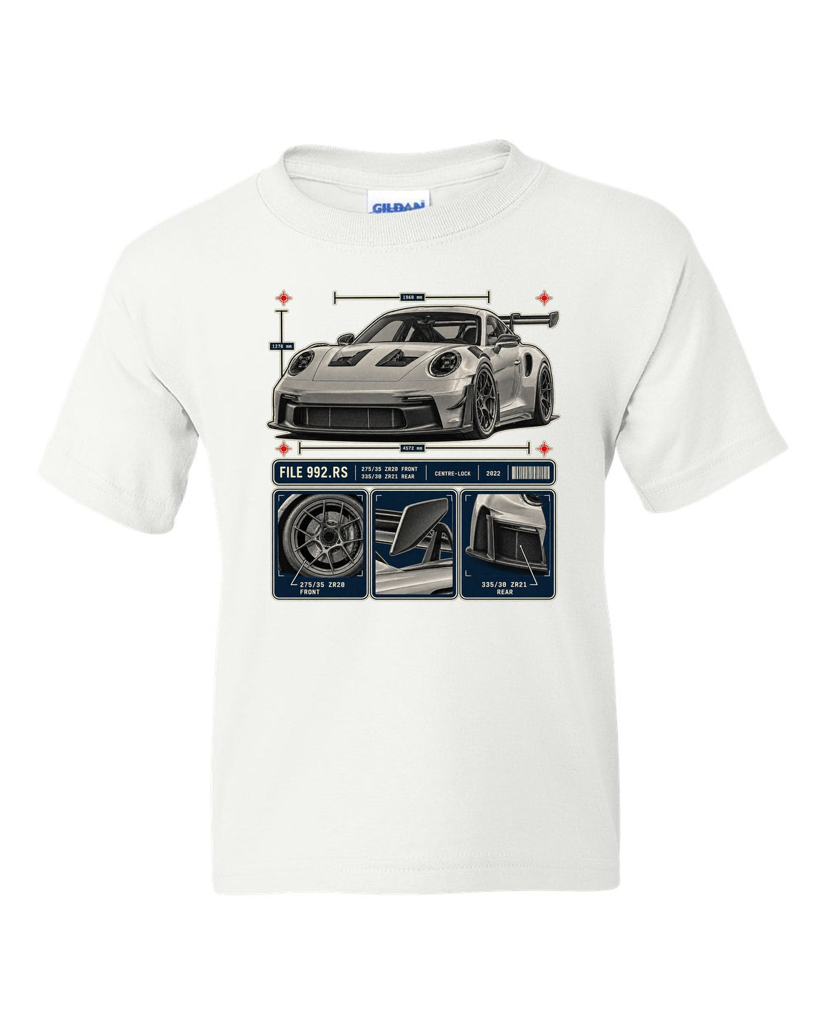 Porsche 992 GT3 RS dossier panels print design white kids tee front view with the design