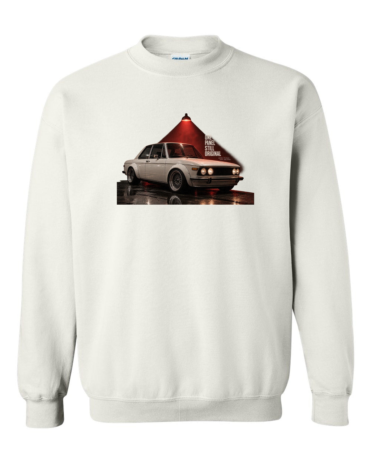 BMW E30 M3 garage night print with one panel still original text white crewneck front view with the design