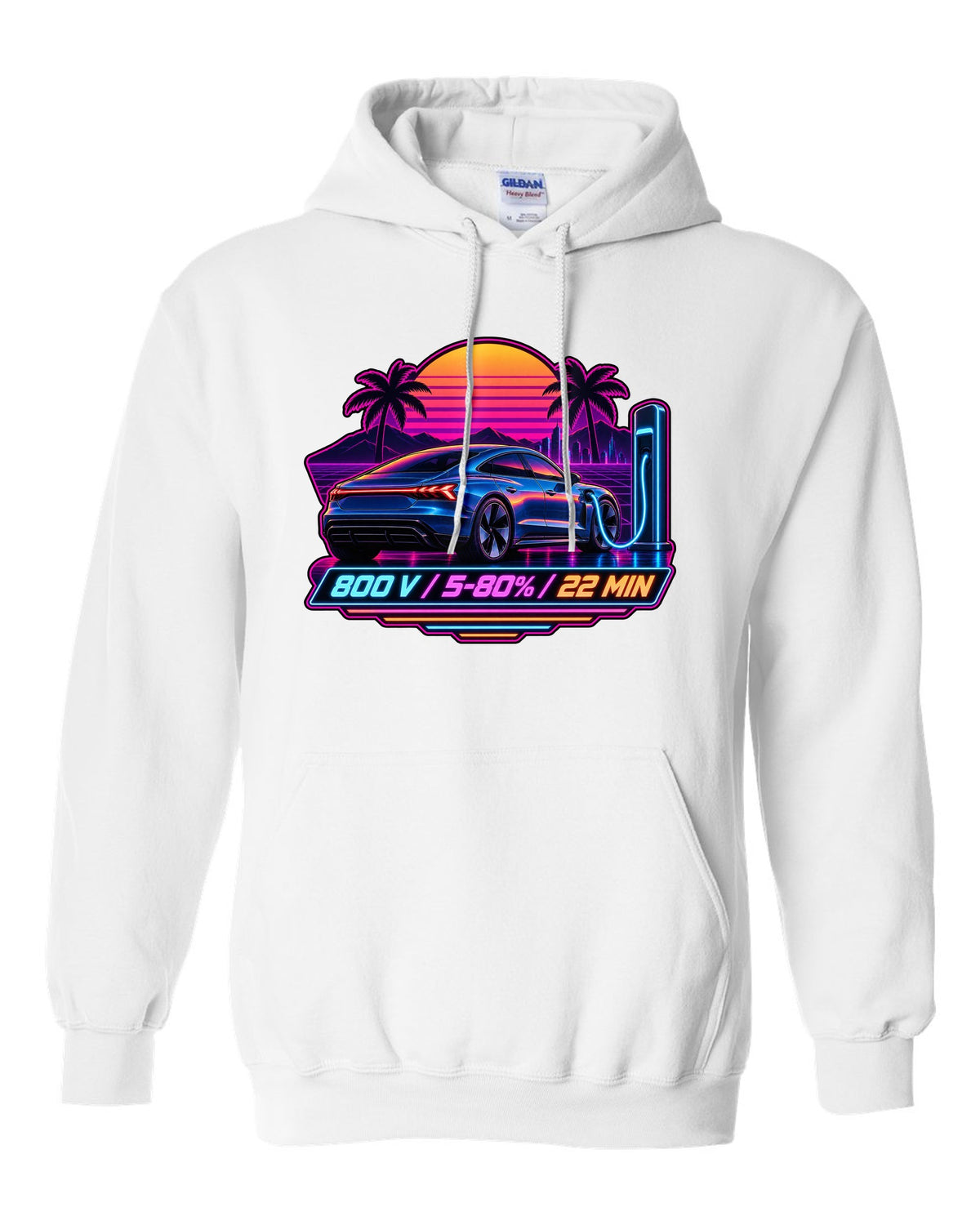 Outrun style print of an Audi e-tron GT with 800 V charging figures white pull over hoodie front view with the design