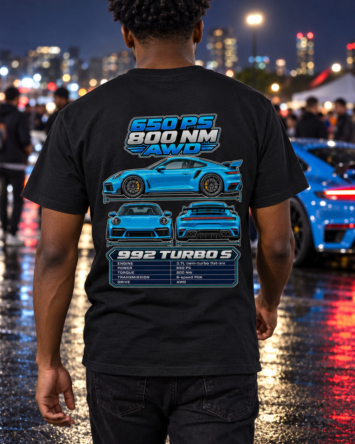 Porsche 911 Turbo S 992 Spec Sheet Full-Back Graphic Tee T-Shirt Black worn hero