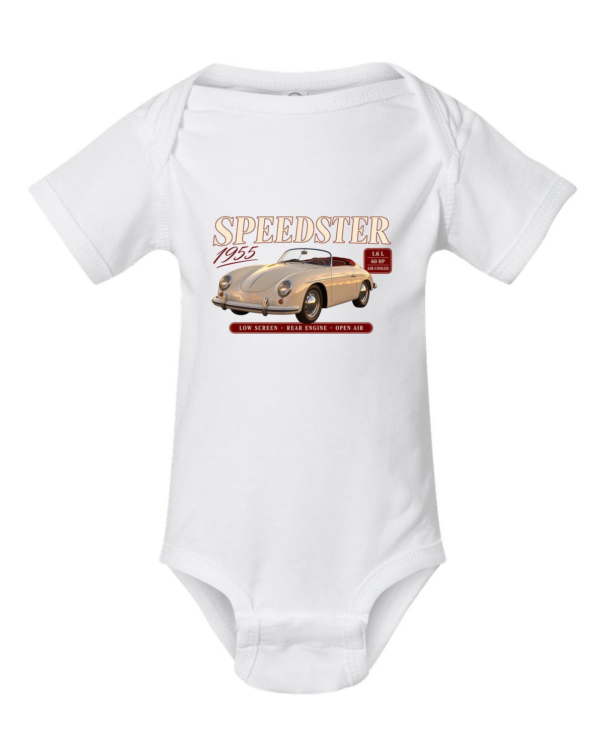 Archive spec panel print for the 1955 Porsche 356 Speedster with low screen and air-cooled specs white baby onesie front view with the design