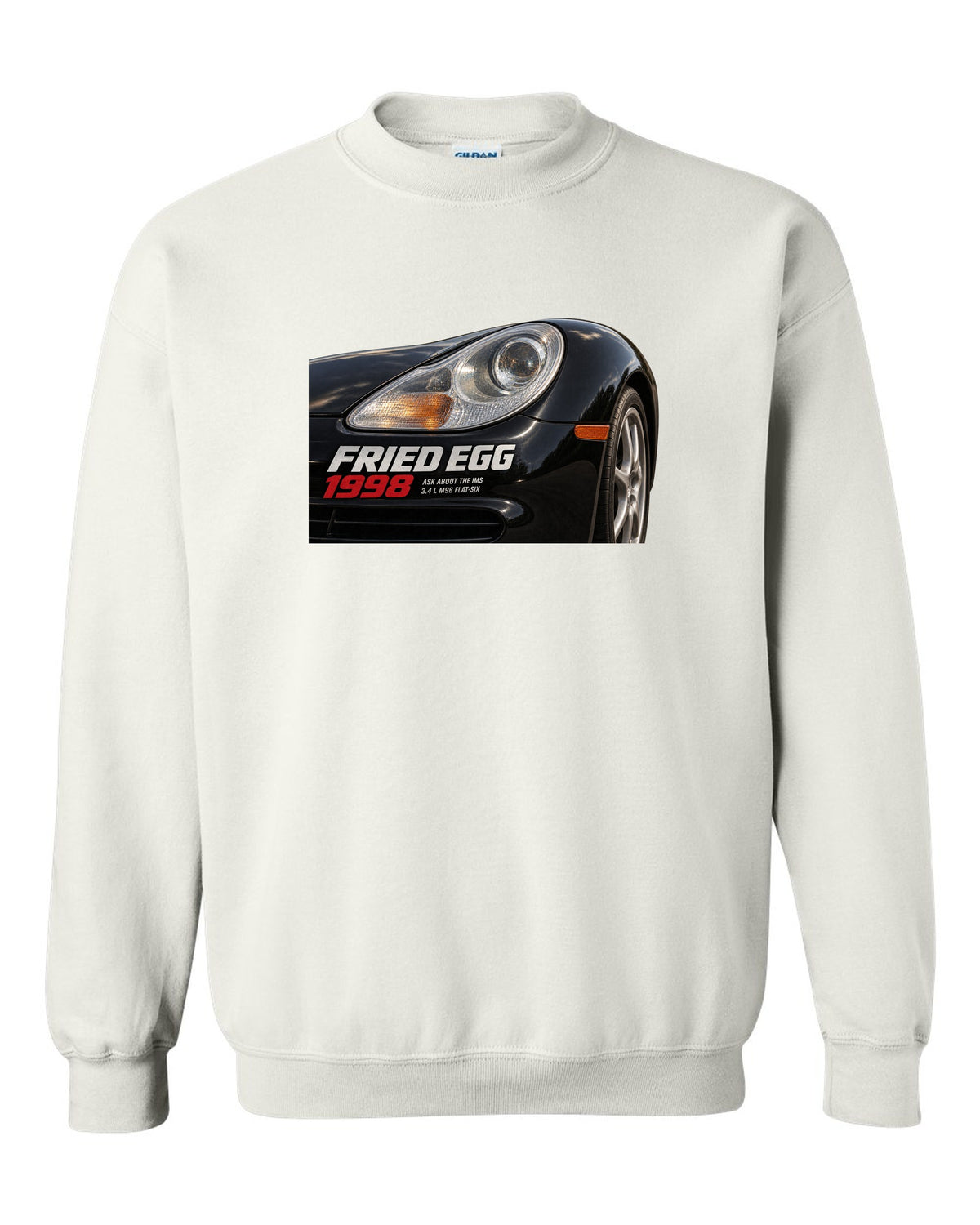 Close-up detail print of the Porsche 911 996 Fried Egg lamp with IMS joke text white crewneck front view with the design