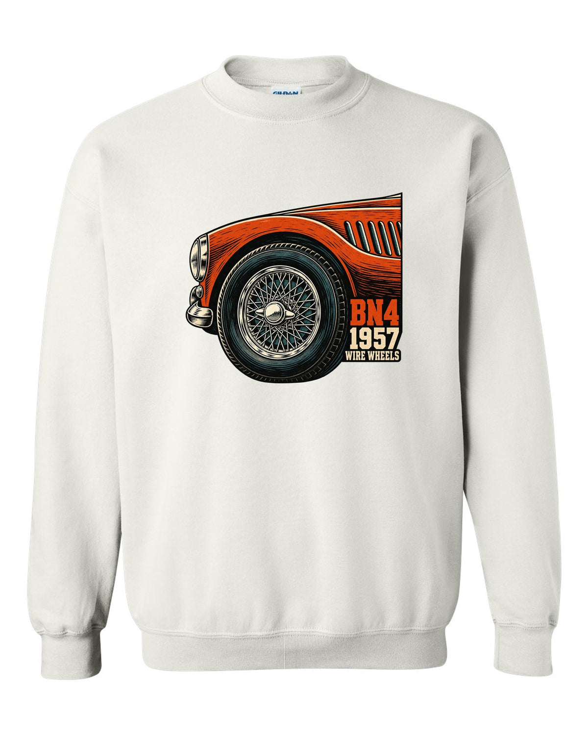 Linocut close-up of a wire wheel on a 1957 Austin-Healey 100-Six BN4 white crewneck front view with the design