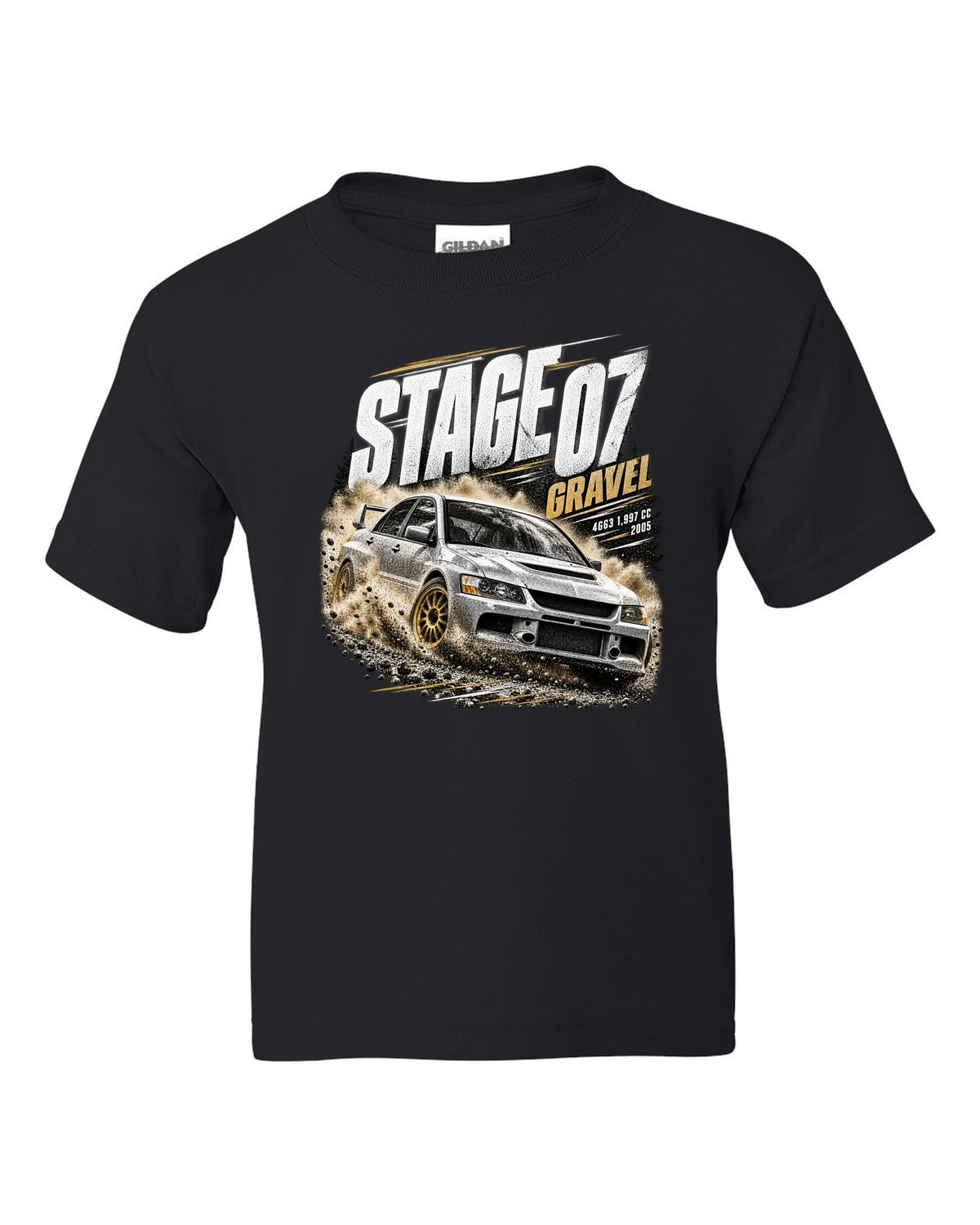 Rally poster print of a Mitsubishi Lancer Evolution IX CT9A on gravel black kids tee front view with the design