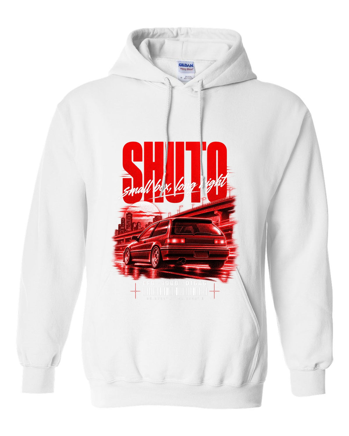 Street poster print for the 1988 Honda CRX EF8 Si with Shuto night lettering and D16A6 engine code white pull over hoodie front view with the design