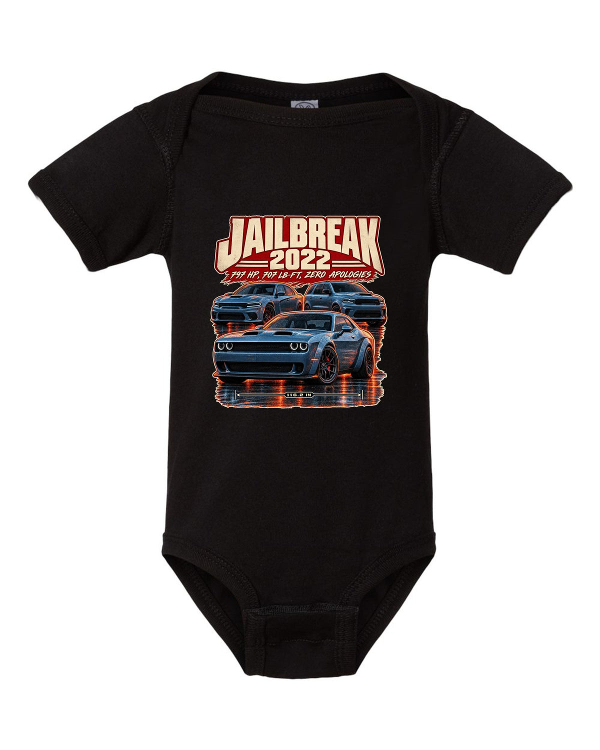 Dodge Challenger Hellcat Redeye Jailbreak 2022 street poster print black baby onesie front view with the design