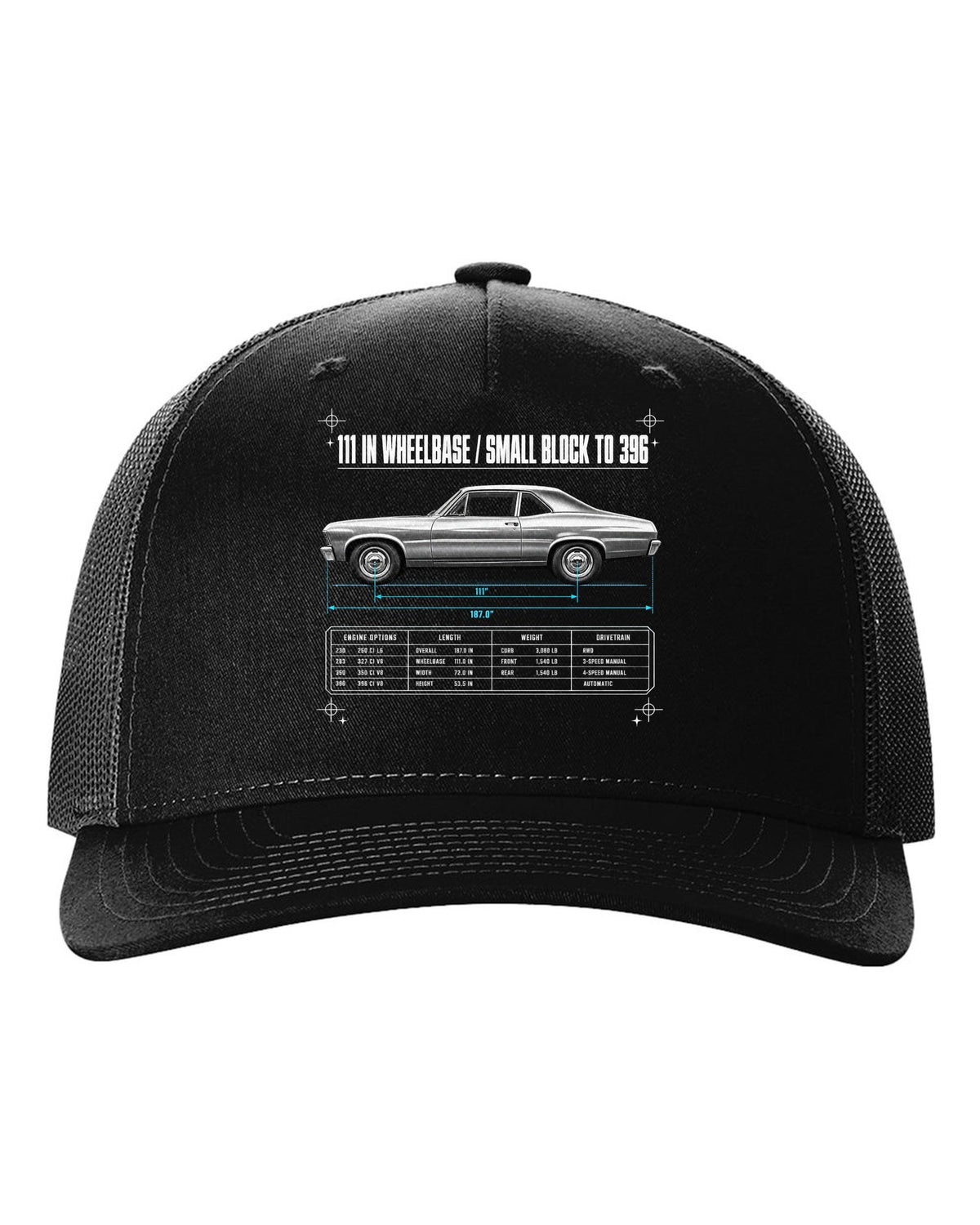 1968 Nova X-Body Spec Poster black hat front view with the design
