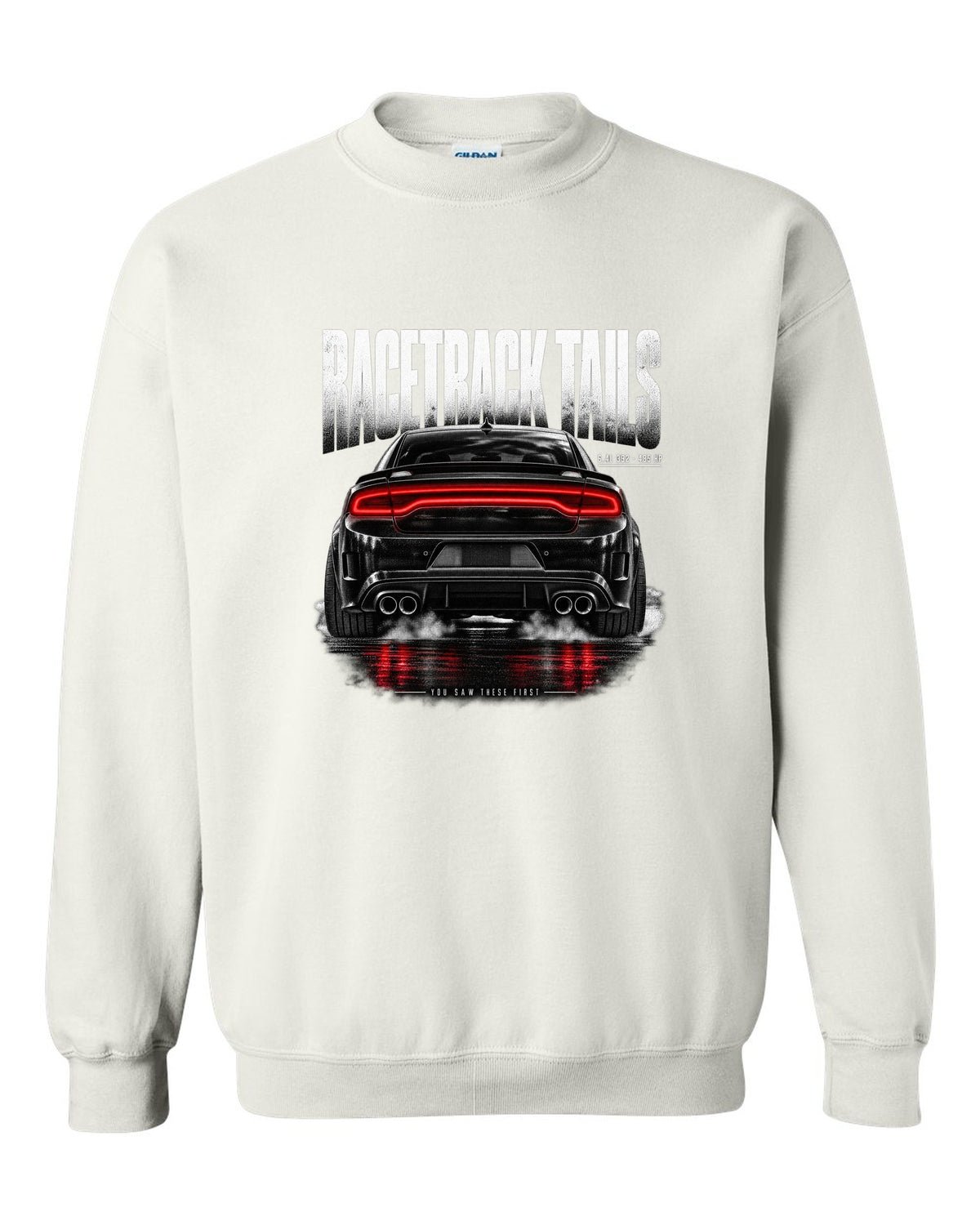 Taillight macro print of a 2016 Dodge Charger Scat Pack LX/LD with 6.4L 392 and 485 HP text white crewneck front view with the design
