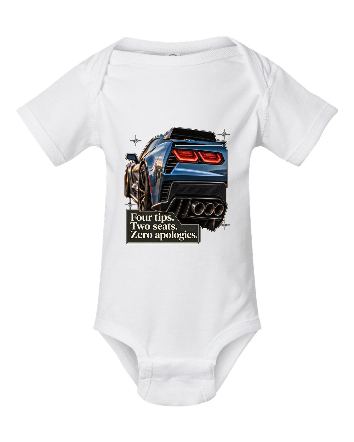 print of a Chevrolet Corvette C7 Z06 rear tail macro with four exhaust tips text white baby onesie front view with the design