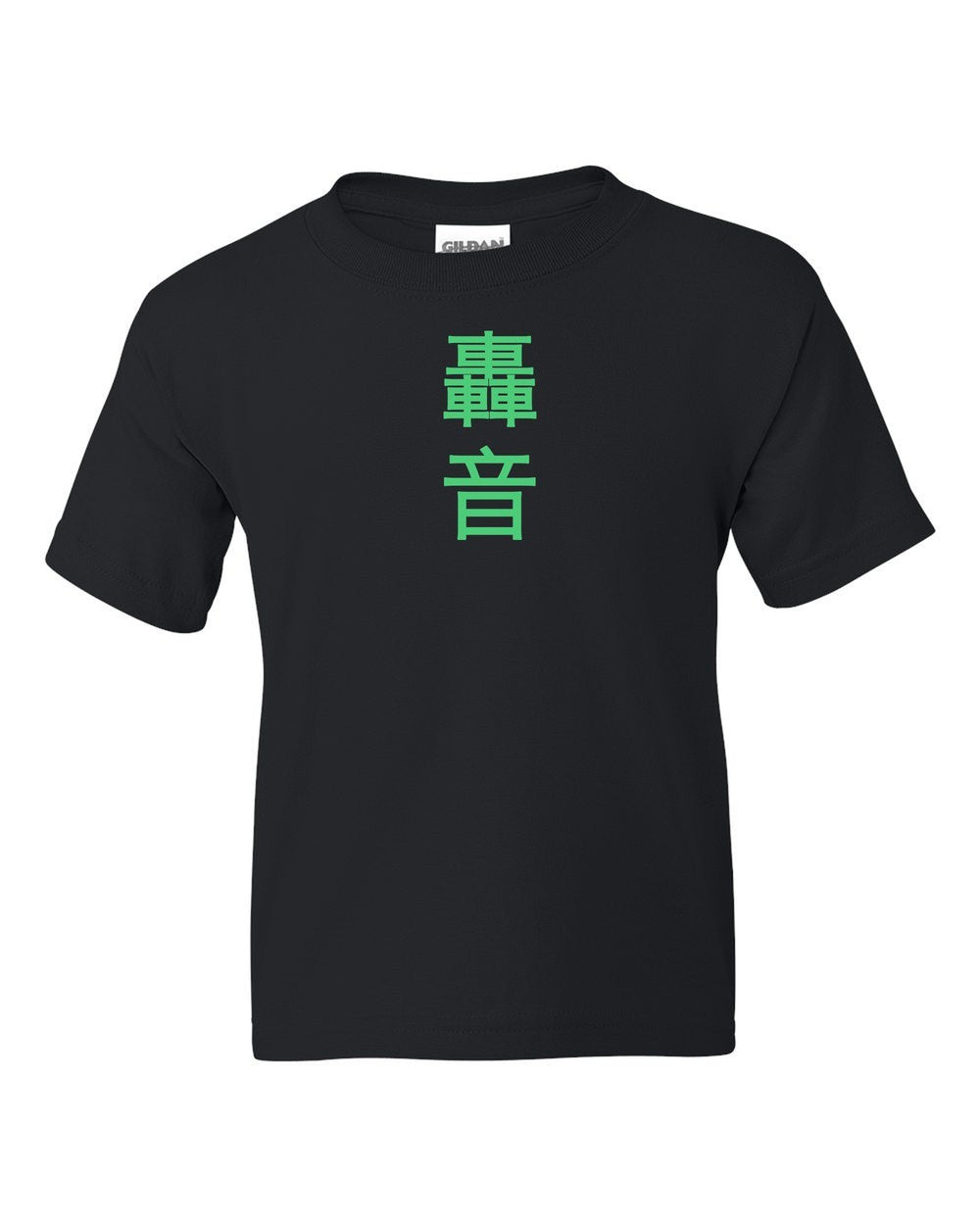 black kids tee front view with small kanji mark