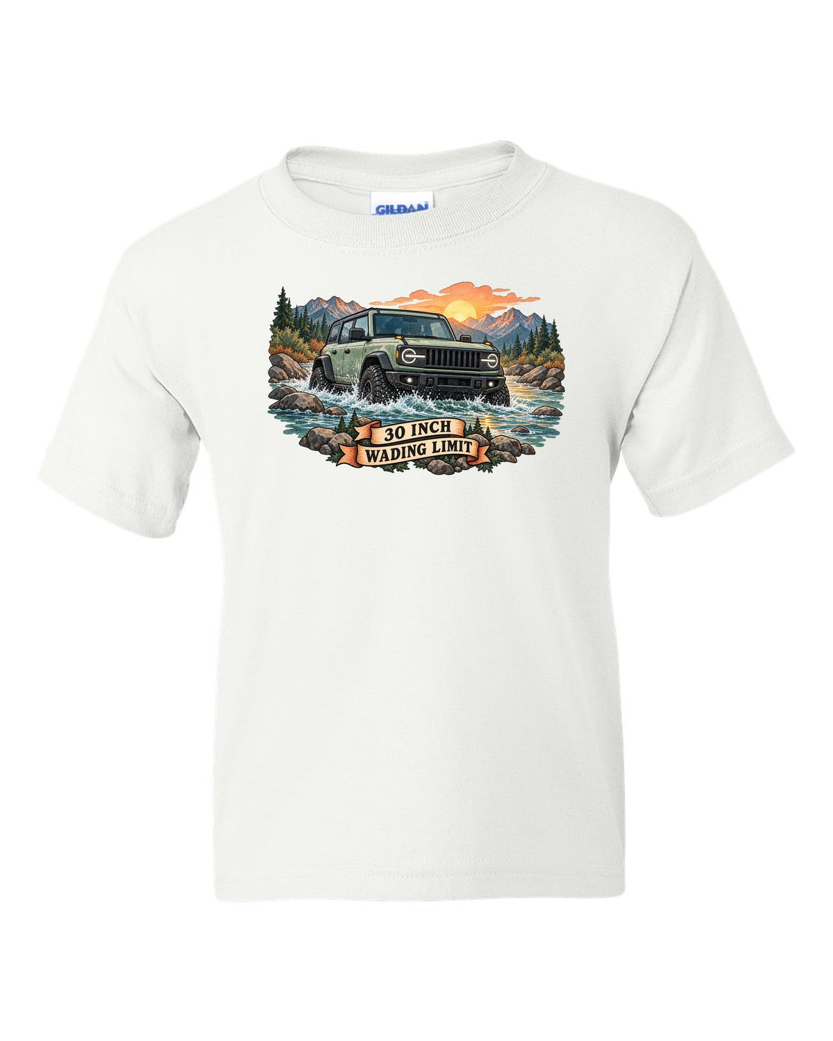 Jeep Wrangler JLU watercolour river crossing at sunrise with 30 inch wading limit text white kids tee front view with the design