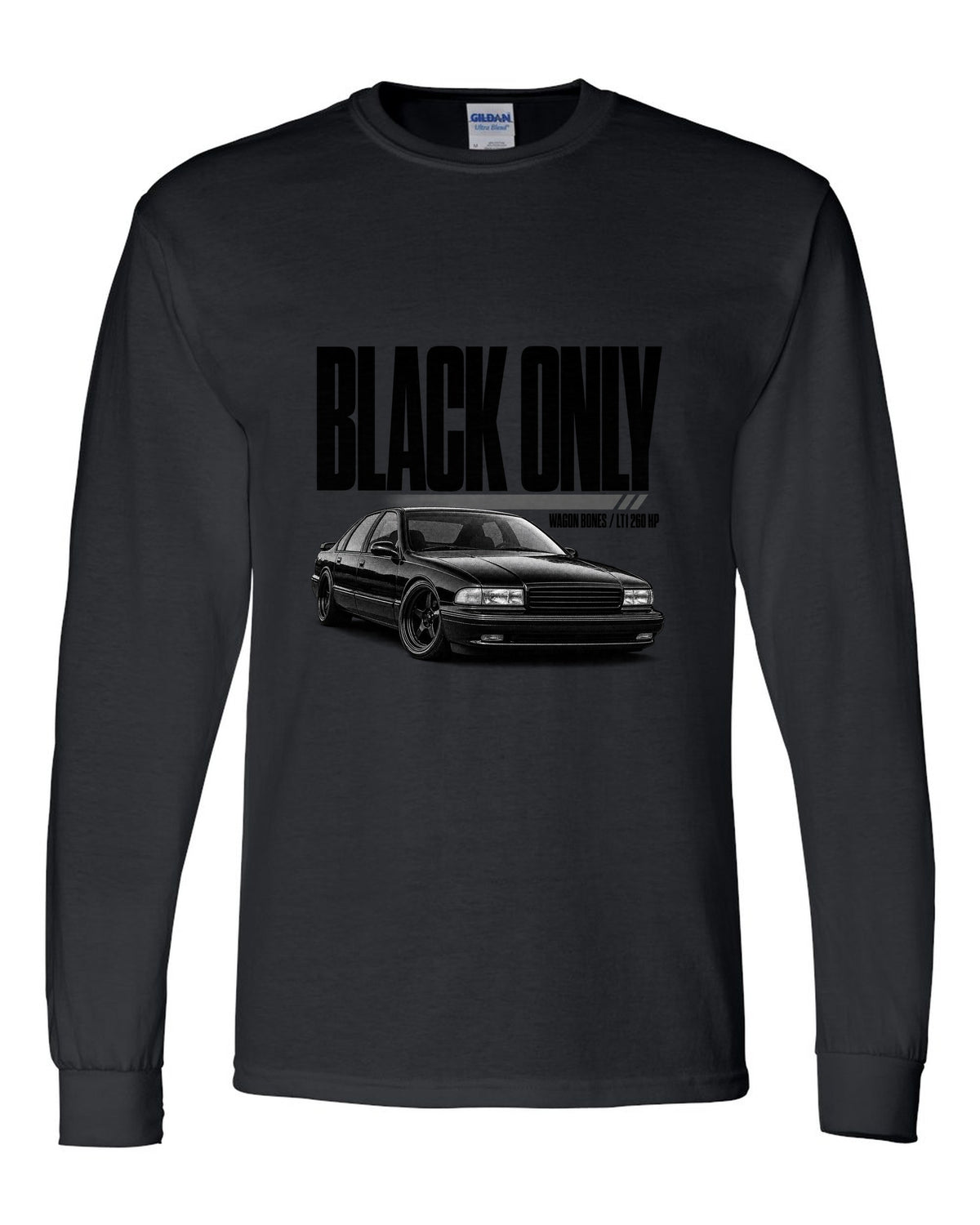 1994 Impala SS front three-quarter halftone print with LT1 text black long sleeve front view with the design