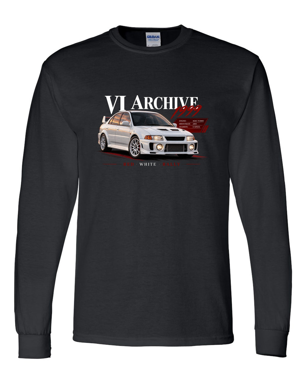 Archive panel print for the Mitsubishi Lancer Evolution VI CP9A listing 4G63 turbo, AWD, 5-speed, red white rally black long sleeve front view with the design