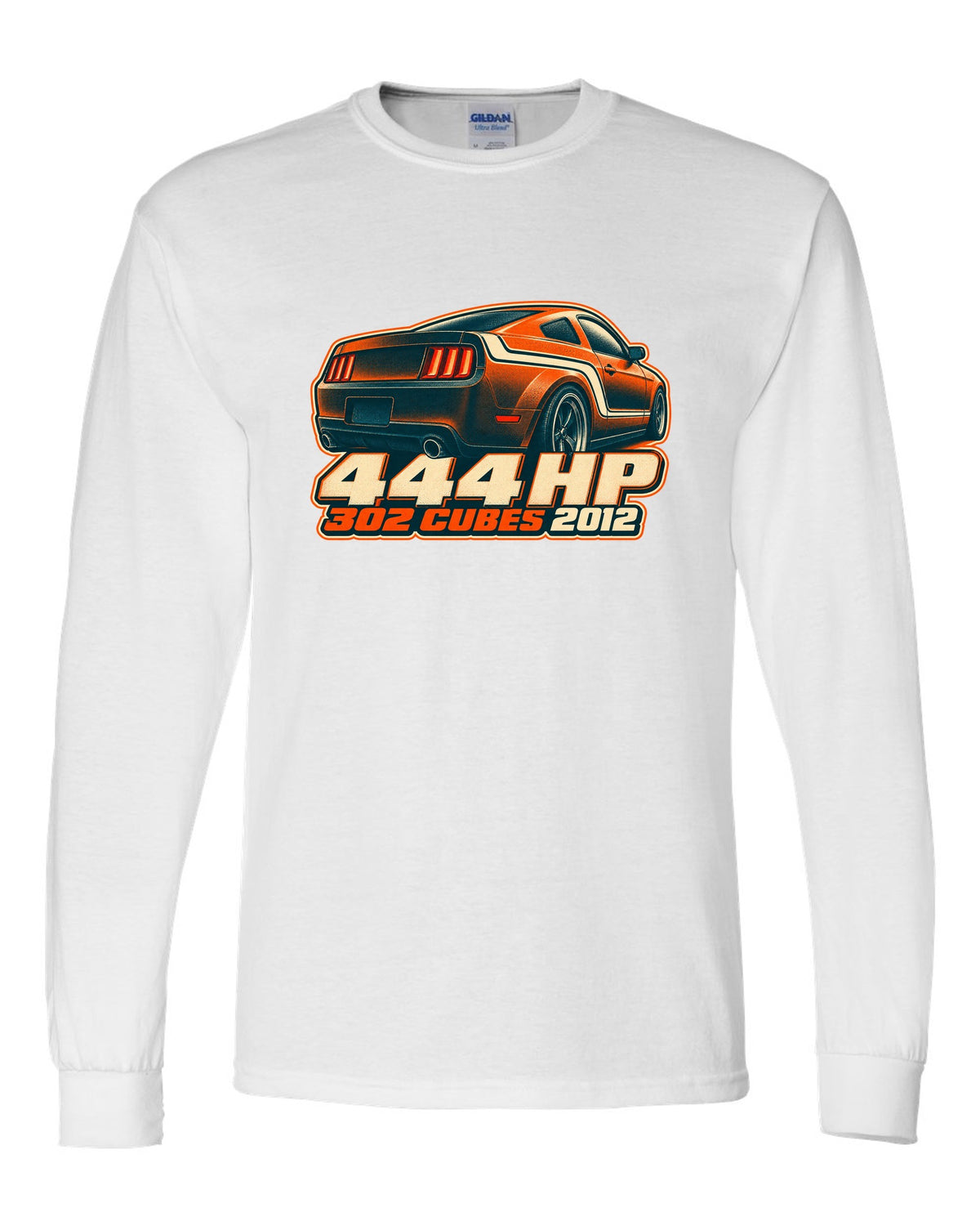 Risograph halftone stripe macro of a 2005-2014 S197 Ford Mustang with 444 HP text white long sleeve front view with the design