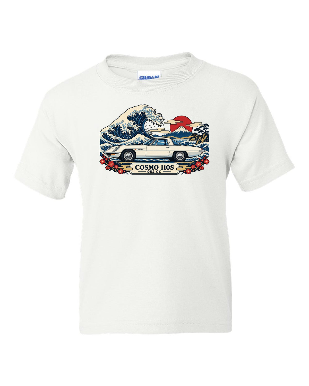 Ukiyo-e woodblock illustration of the Mazda Cosmo Sport 110S with a wave and 982 CC lettering white kids tee front view with the design