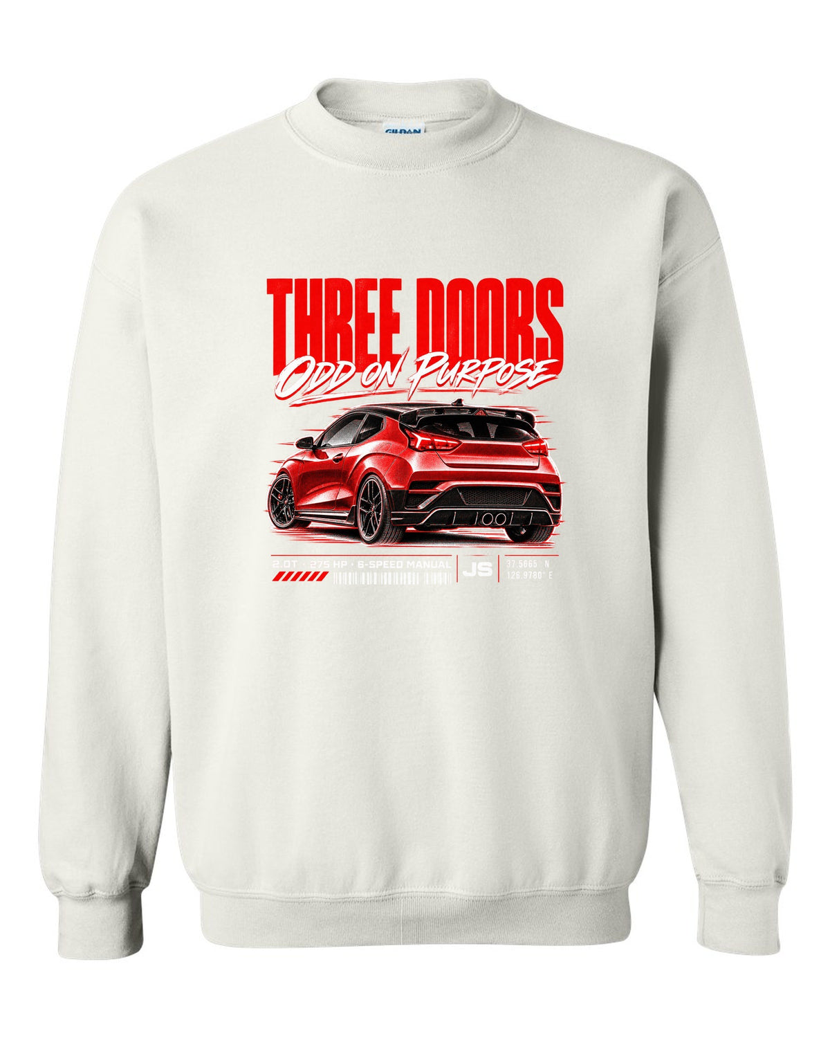 Hyundai Veloster N JS street poster with three doors odd on purpose text white crewneck front view with the design