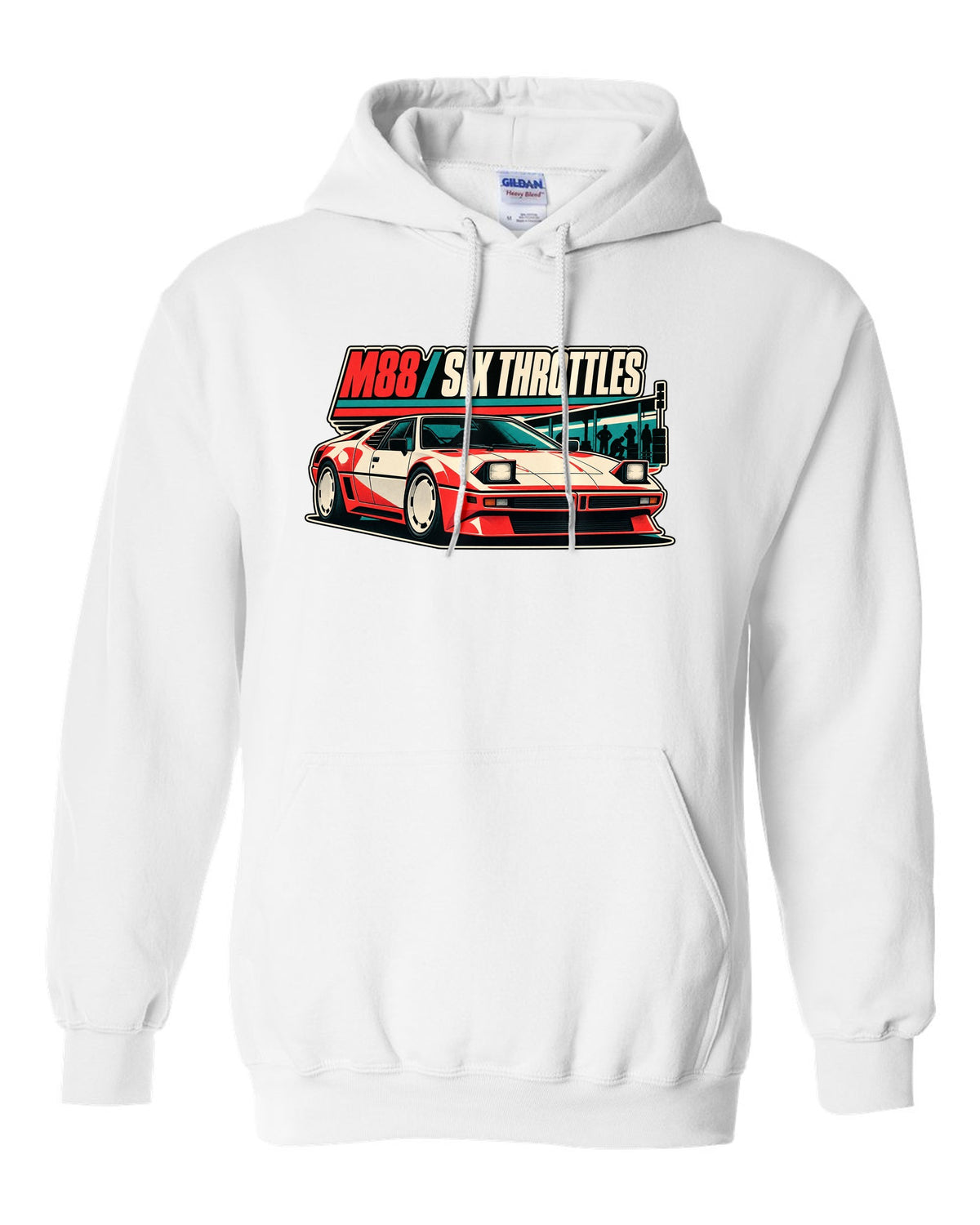 Vintage race poster print of a BMW M1 E26 with M88 six throttles lettering white pull over hoodie front view with the design