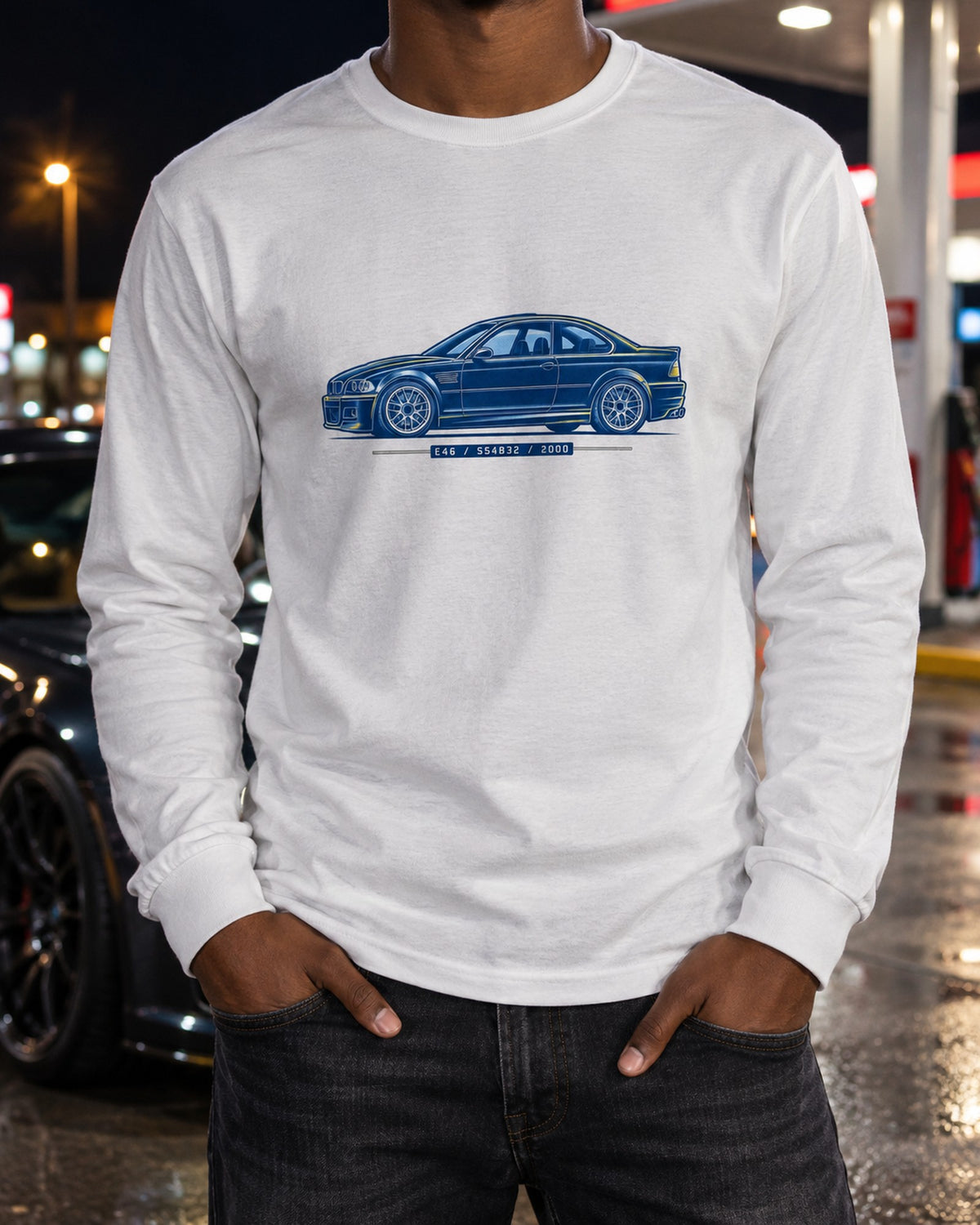 BMW E46 M3 S54 Cyanotype Blueprint Shirt, Car Guy Gift Long Sleeve White worn hero