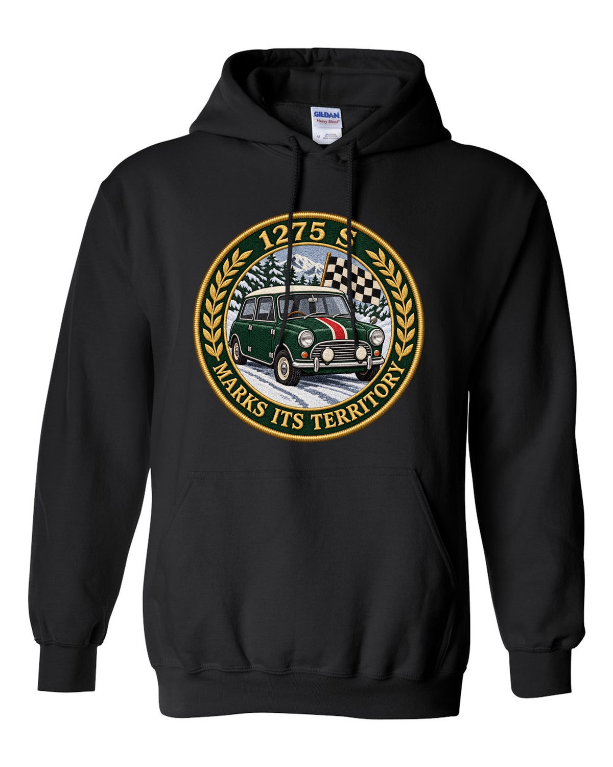 Embroidery style varsity crest for a Mini Cooper S Mk1 with 1275 S marks its territory black pull over hoodie front view with the design