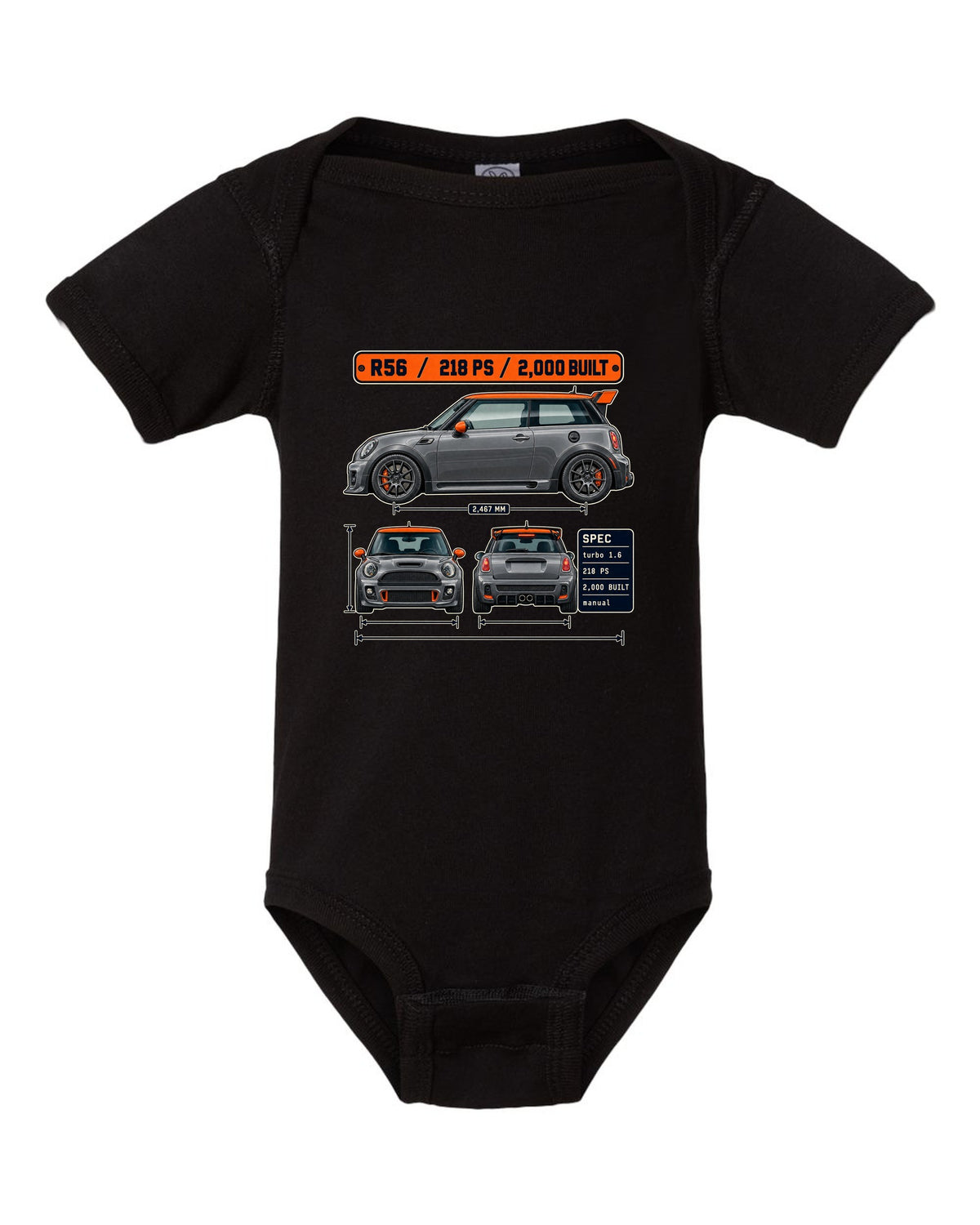 Three-view and spec table print for the Mini JCW GP R56 2012 with 2,000 built text black baby onesie front view with the design