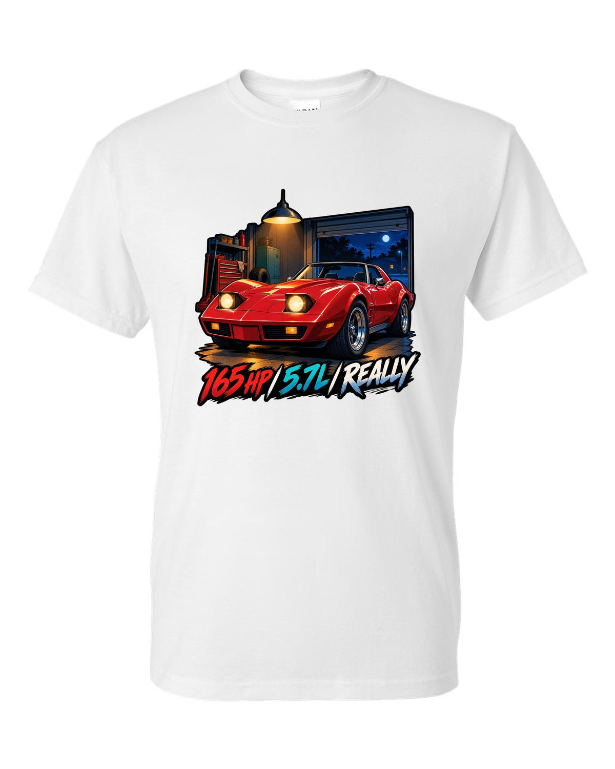 Cel-shaded anime night touge print of a 1975 Chevrolet Corvette C3 Stingray with 165 HP 5.7L lettering white t-shirt front view with the design