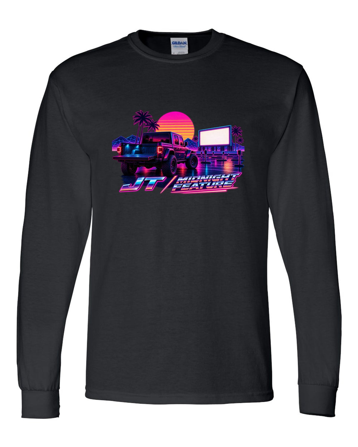 Jeep Gladiator JT synthwave outrun neon grid horizon with JT midnight feature text black long sleeve front view with the design