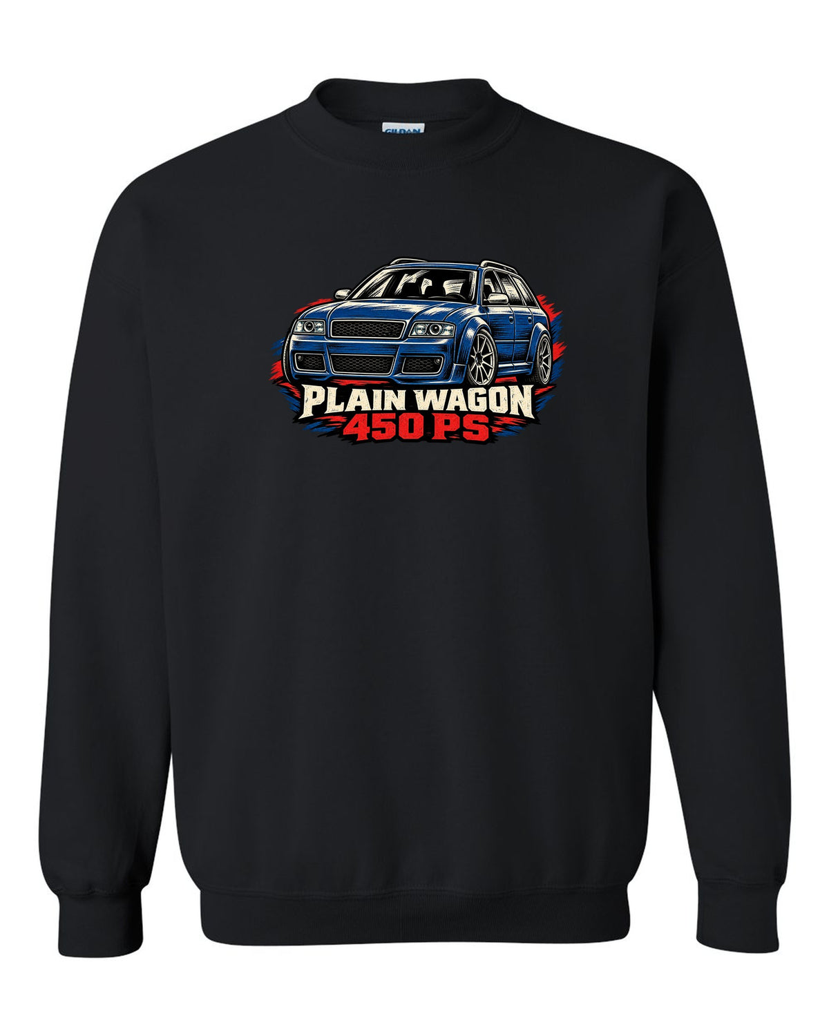 Linocut woodcut design of the Audi RS6 Avant C5 4B with plain wagon and 450 PS lettering black crewneck front view with the design