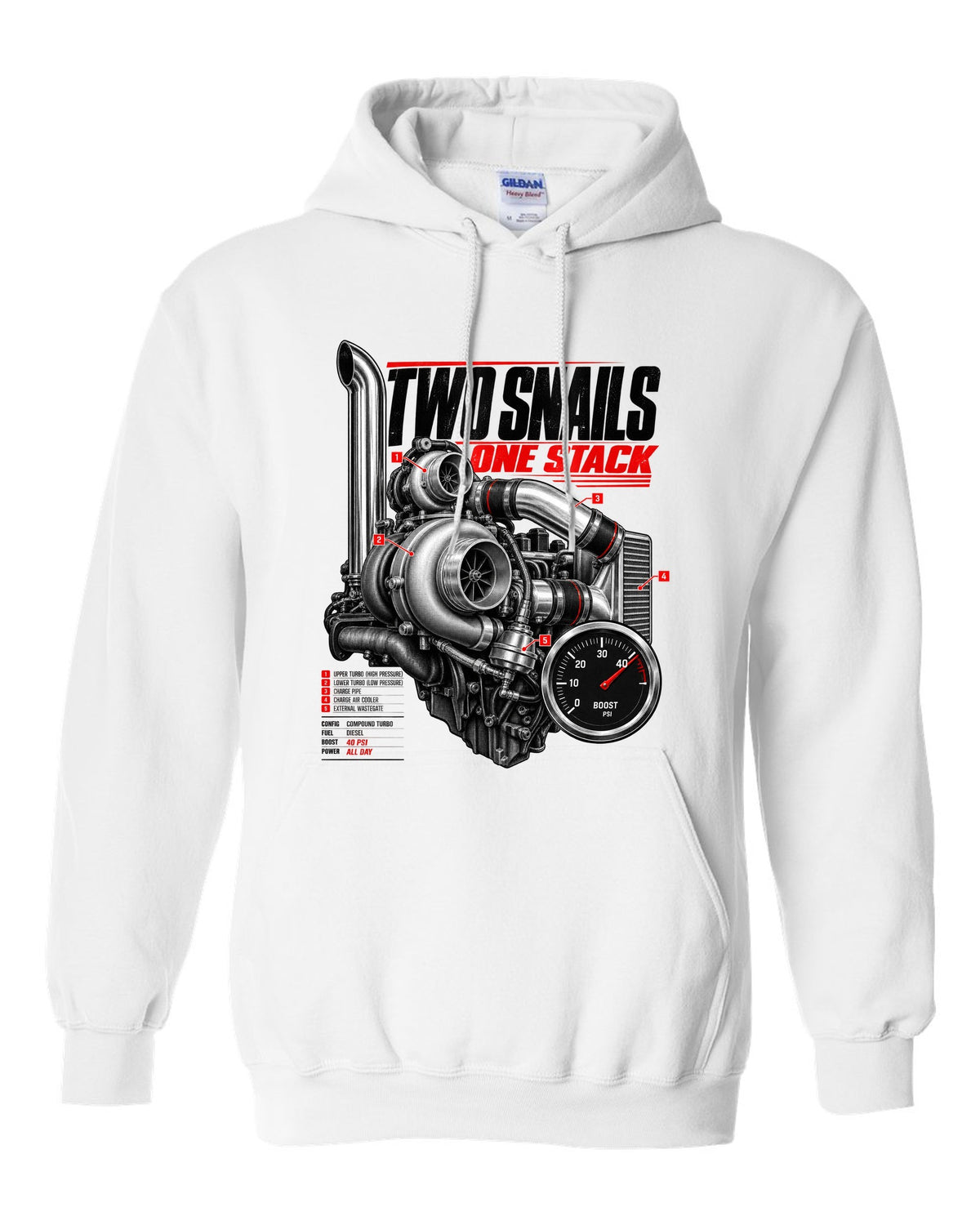 Engine hero print of a compound turbo diesel pickup boost gauge reading 40 psi white pull over hoodie front view with the design