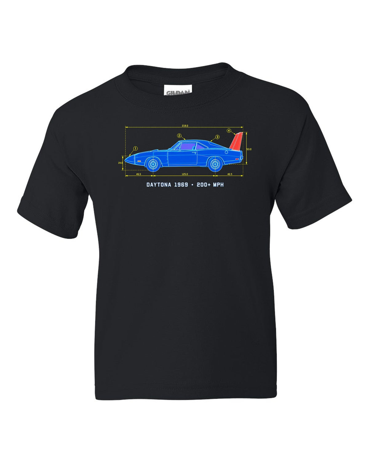 1969 Dodge Charger Daytona blueprint patent sheet print with 200+ MPH text black kids tee front view with the design