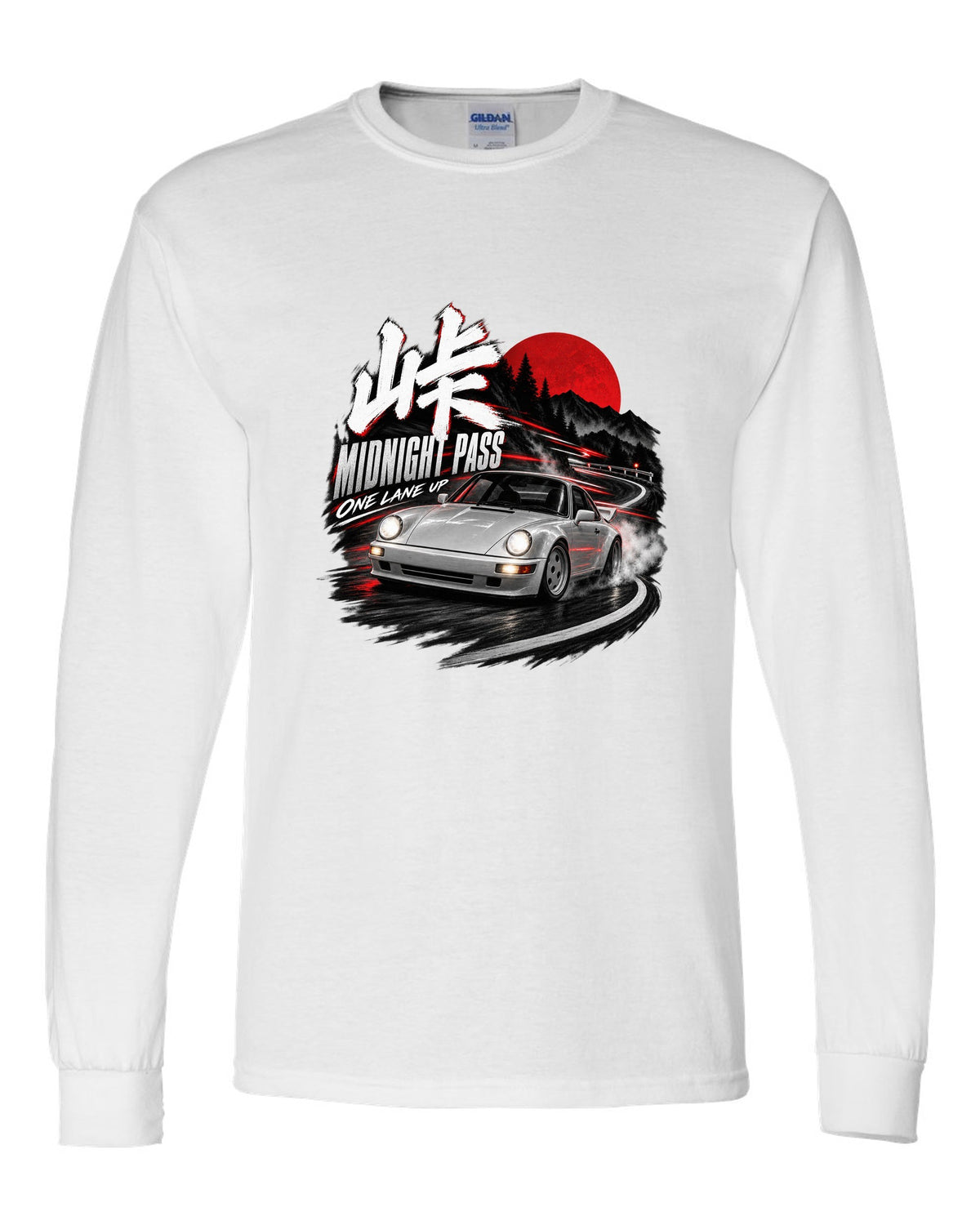Touge night print of an outlaw-style Porsche 911 Carrera 4 964 on a mountain pass white long sleeve front view with the design