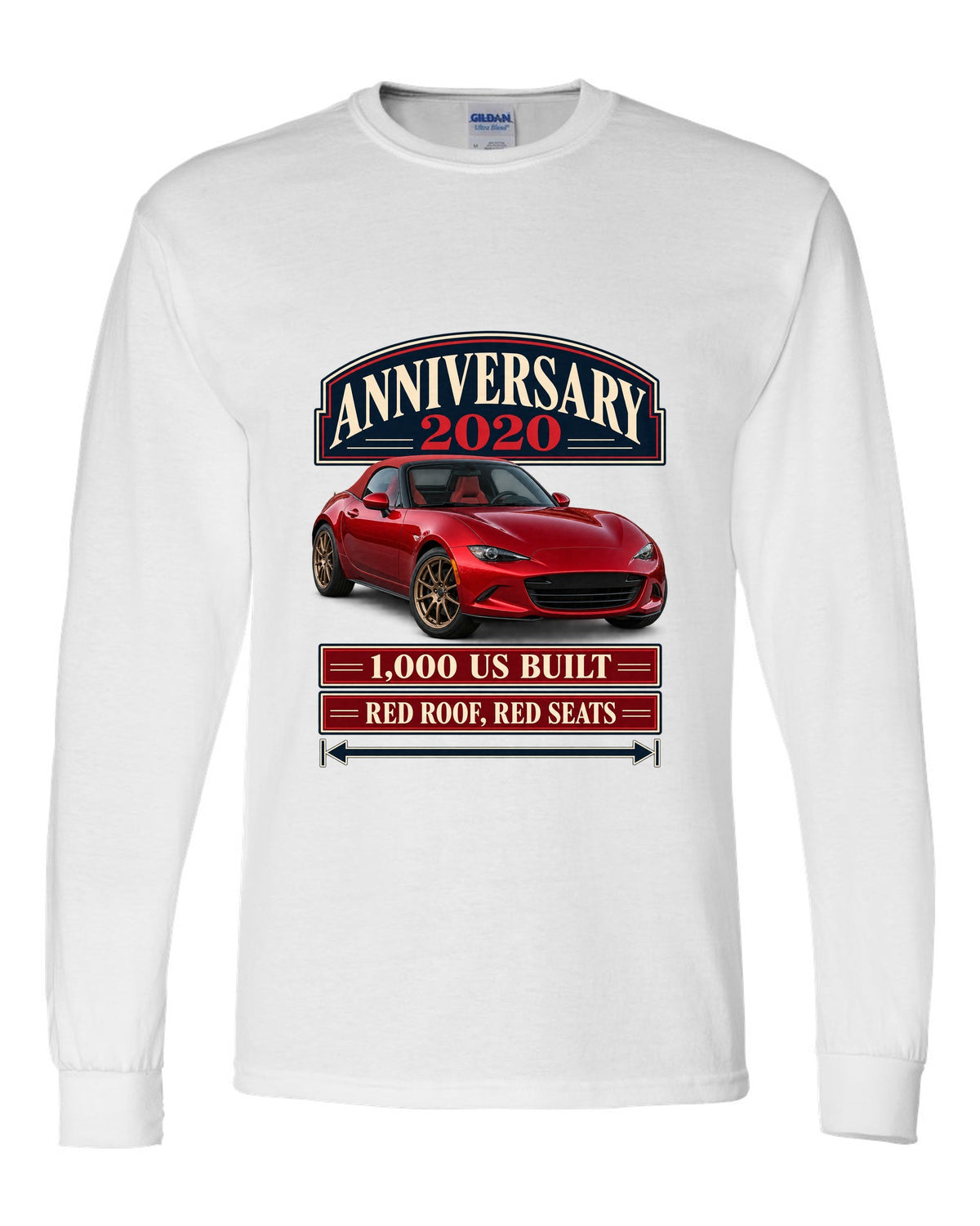 Archive panel layout of a 2020 Mazda MX-5 ND 100th Anniversary Edition with red roof and seats white long sleeve front view with the design