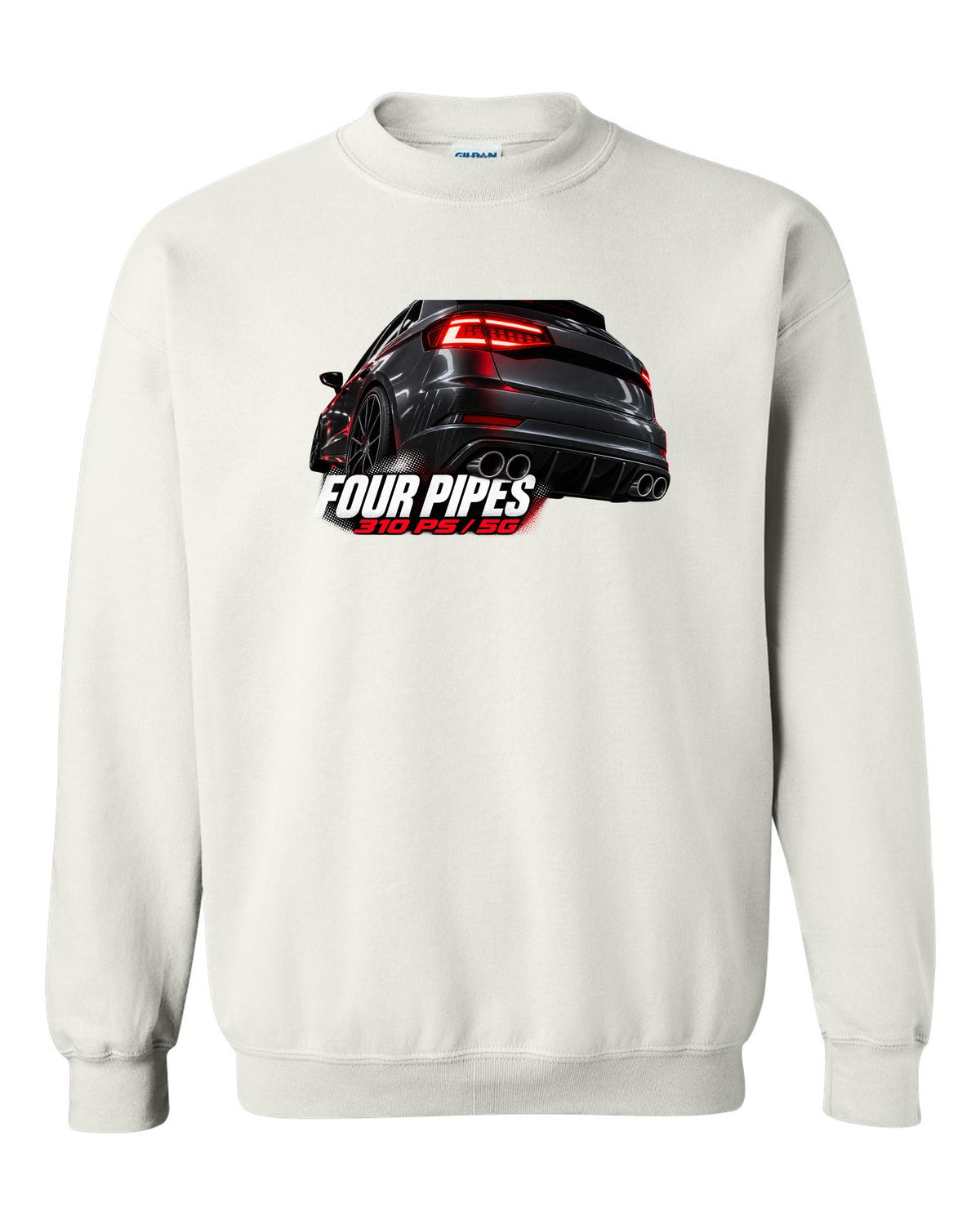 print macro of a VW Golf R Mk7.5 rear taillight and four exhaust pipes with 310 PS text white crewneck front view with the design