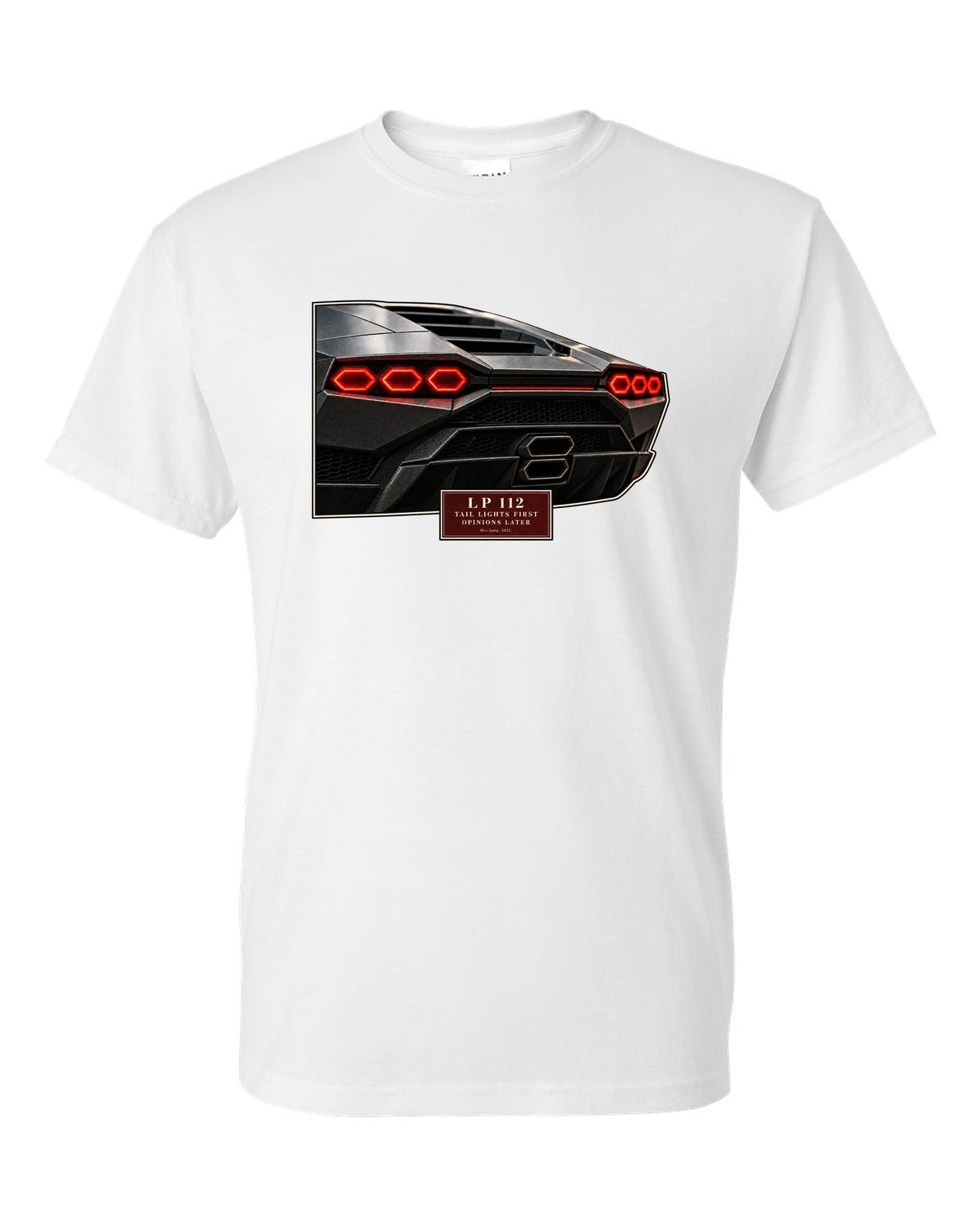 Lamborghini Countach LPI 800-4 taillight macro print with LP 112 lettering white t-shirt front view with the design