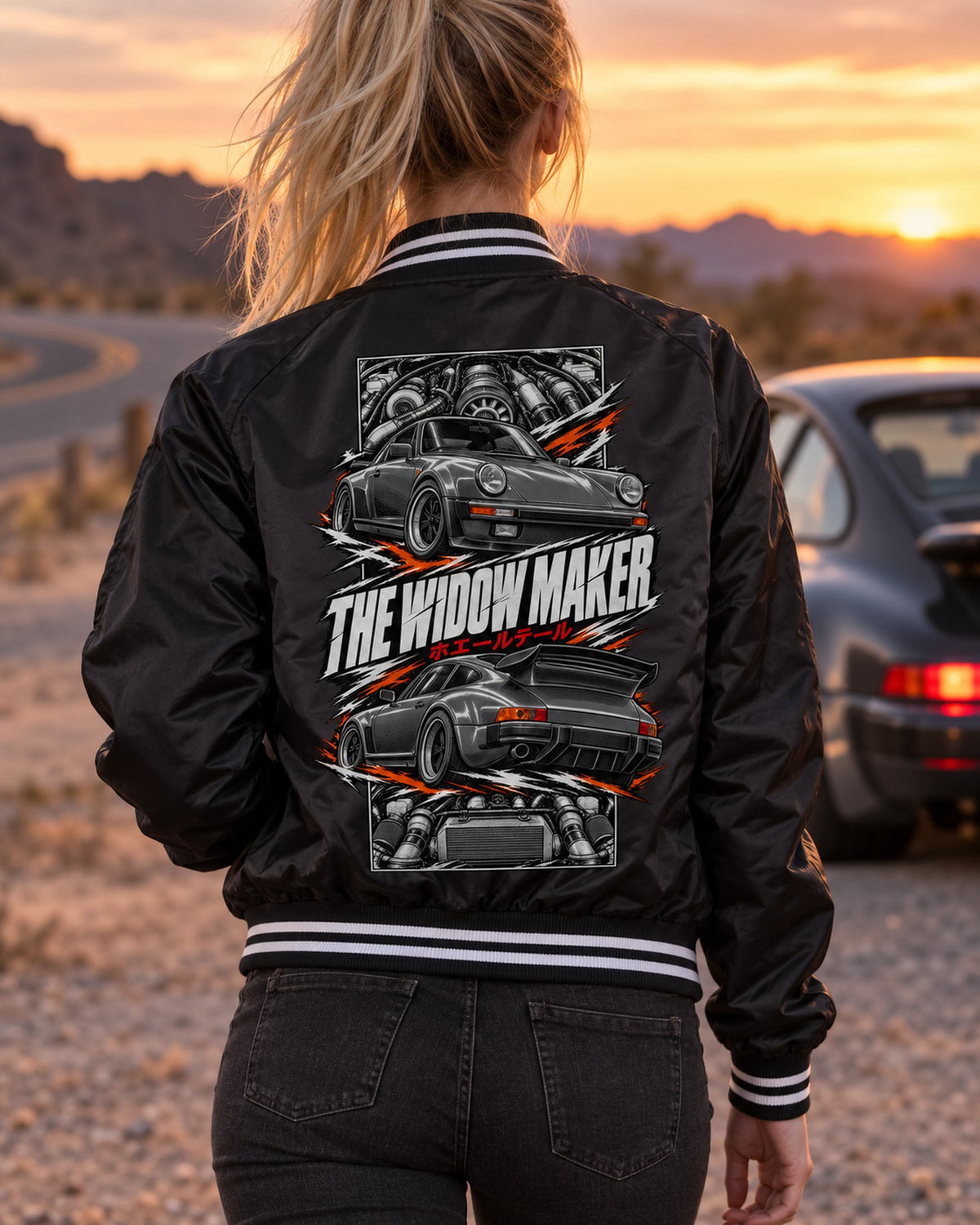 Porsche 930 Turbo Torn Poster Full-Back Graphic Tee Bomber Jacket Black worn hero