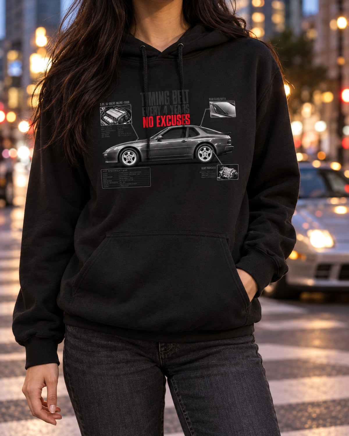 Porsche 944 S2 Timing Belt Spec Poster Shirt, Every 4 Years Pull Over Hoodie Black worn hero
