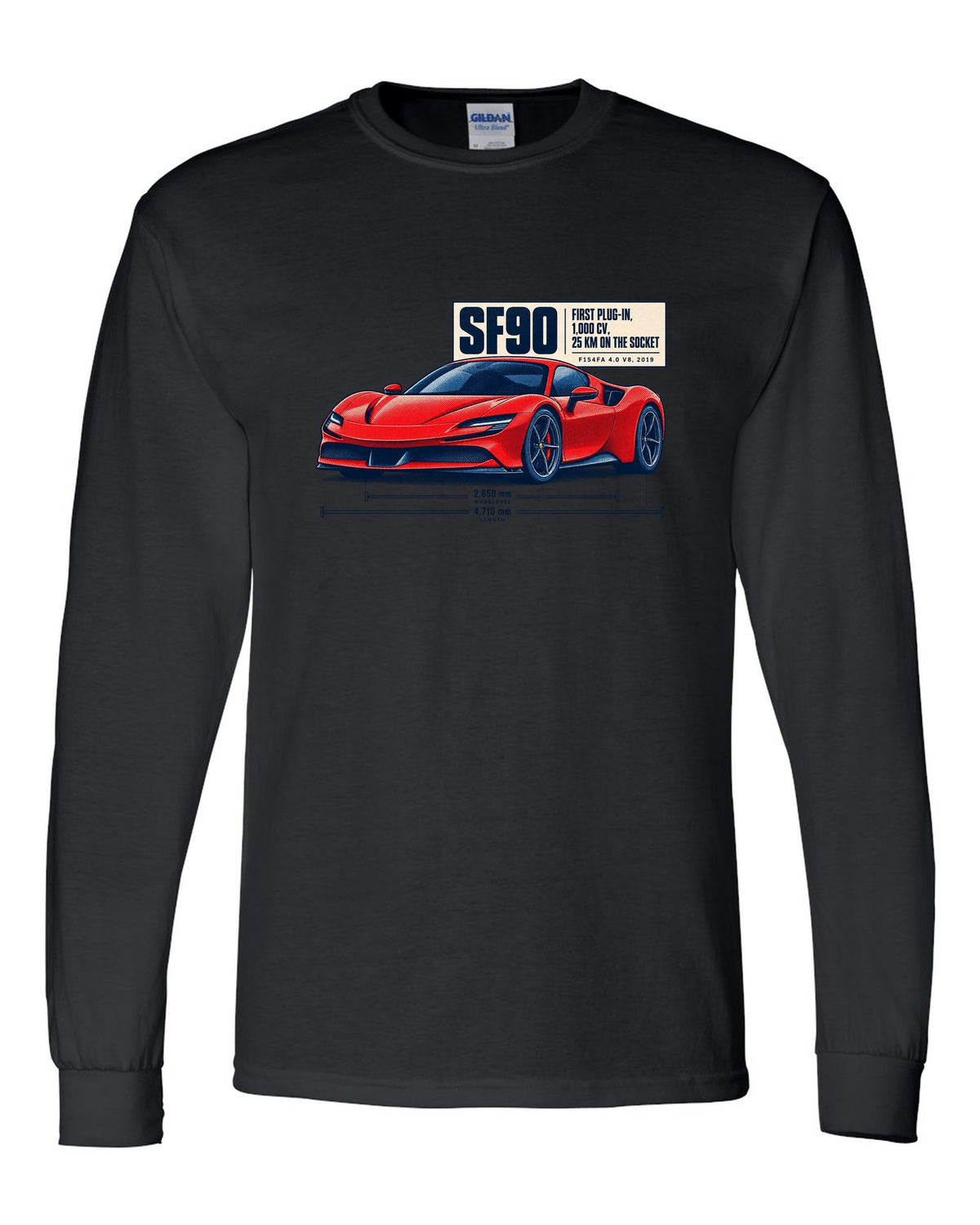 Ferrari SF90 Stradale halftone print with first plug-in, 1,000 CV text black long sleeve front view with the design