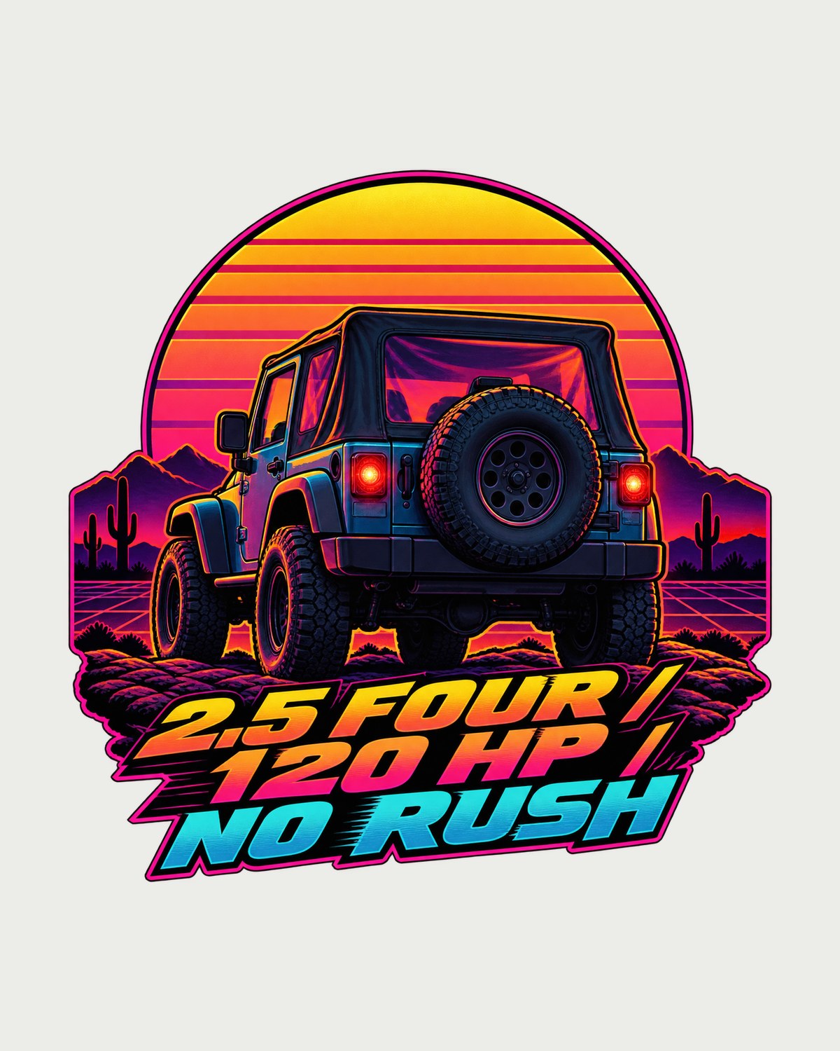 Jeep Wrangler TJ Sunset Tailgate Synthwave Tee, 2.5 Four design only