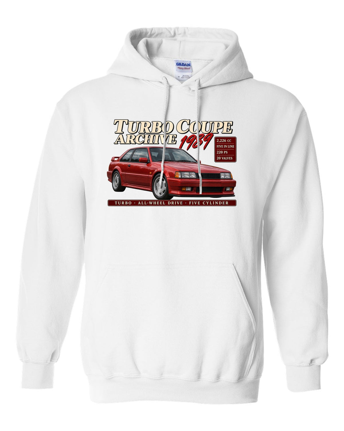 Audi Ur-Quattro 20V 1989 front three-quarter in archive panel with 2,226 cc text white pull over hoodie front view with the design