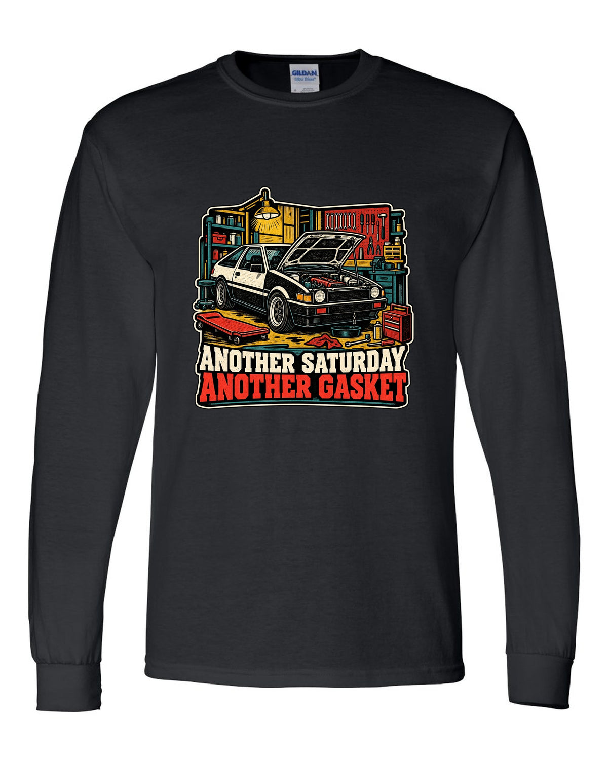 Linocut woodcut-style Toyota Corolla Levin AE86 with garage Saturday slogan black long sleeve front view with the design